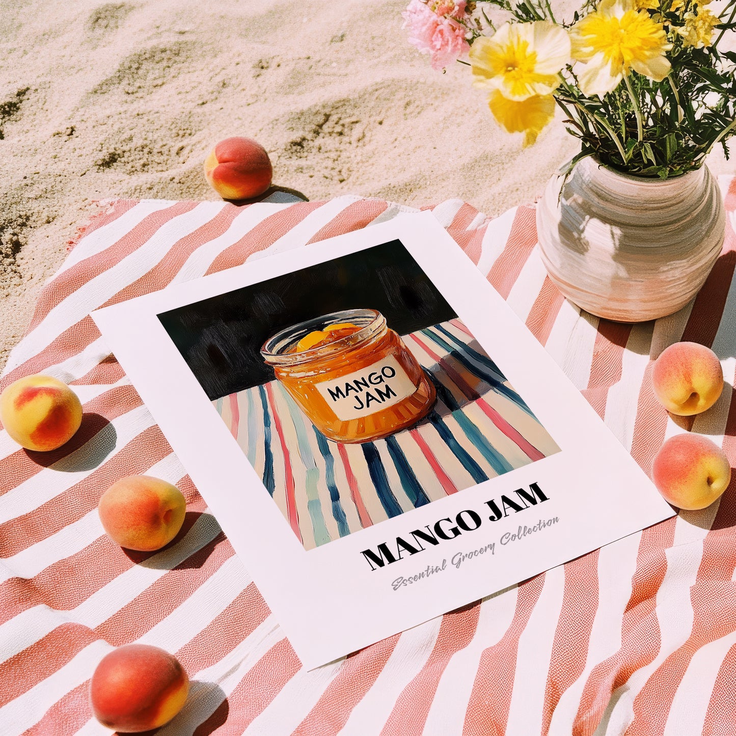 Mango Jam – on Striped Tablecloth, Jam Poster, unframed on coastal sand