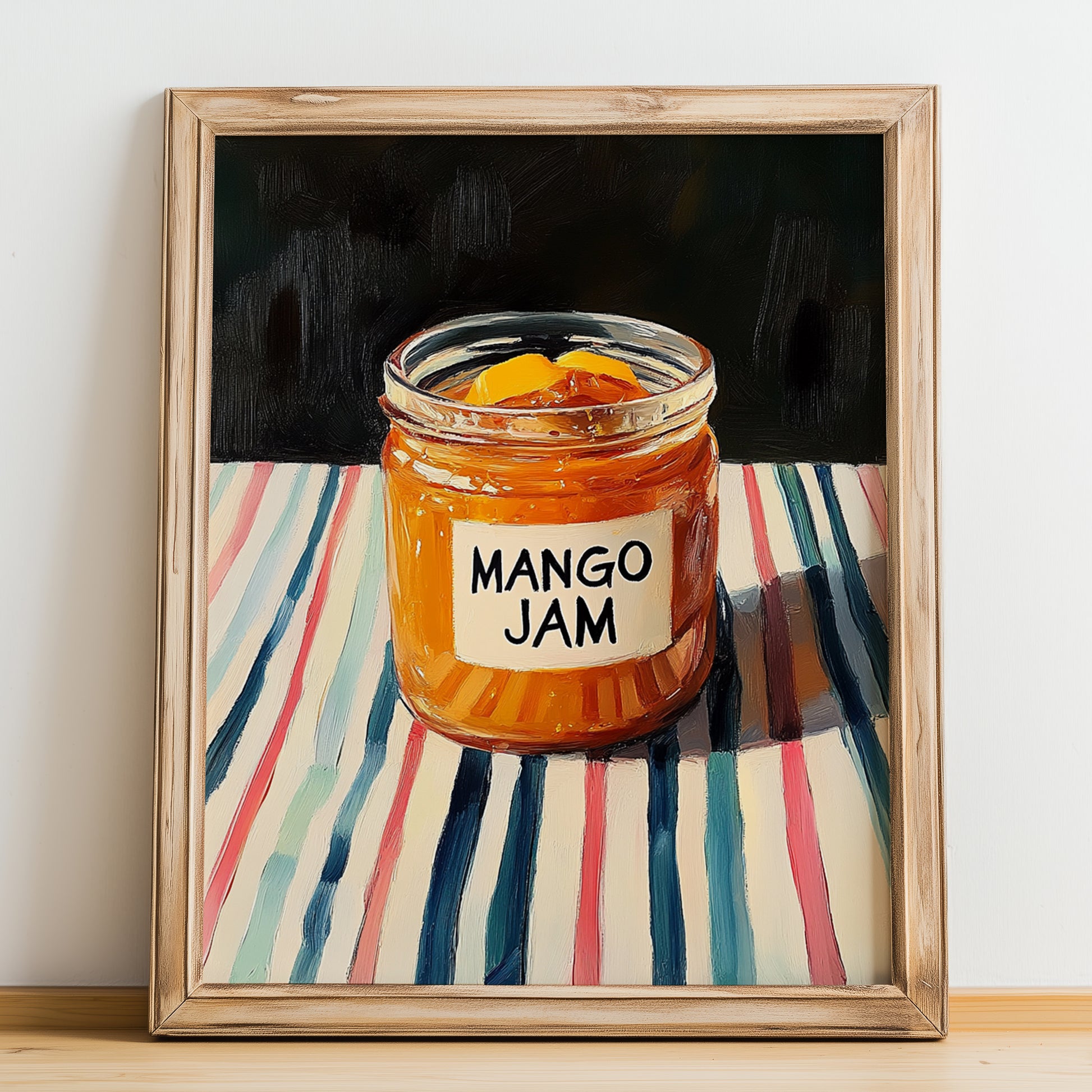 Mango Jam – on Striped Tablecloth, Jam Poster, no-text version framed in wood
