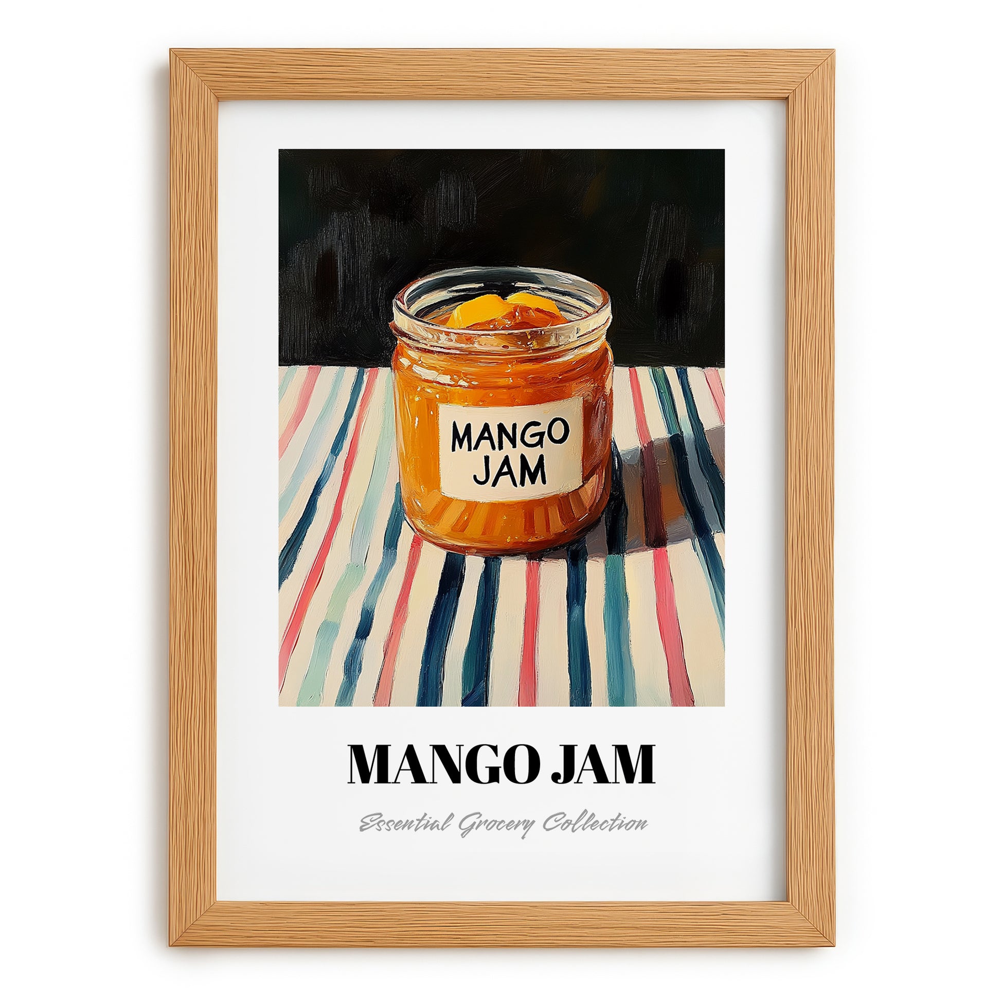 Mango Jam – on Striped Tablecloth, Jam Poster, set in oak frame