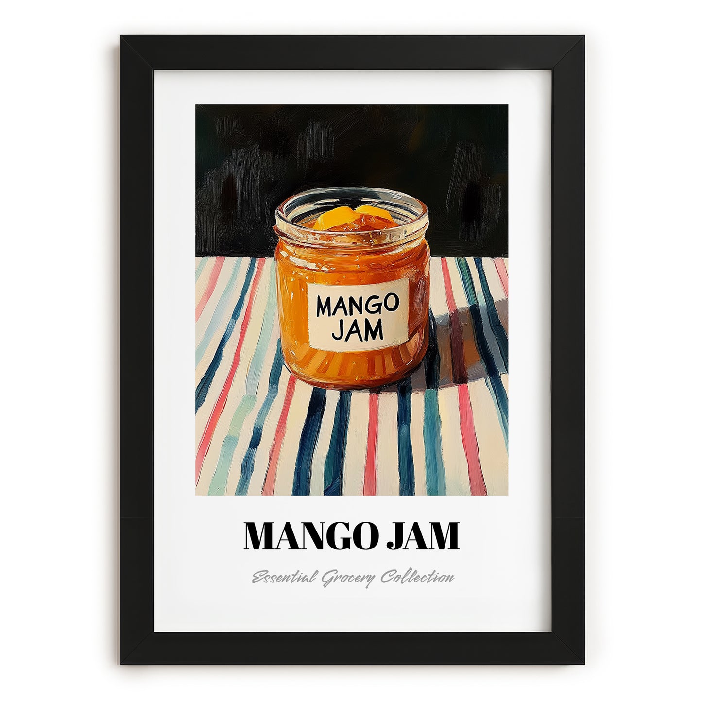 Mango Jam – on Striped Tablecloth, Jam Poster, in sleek black frame
