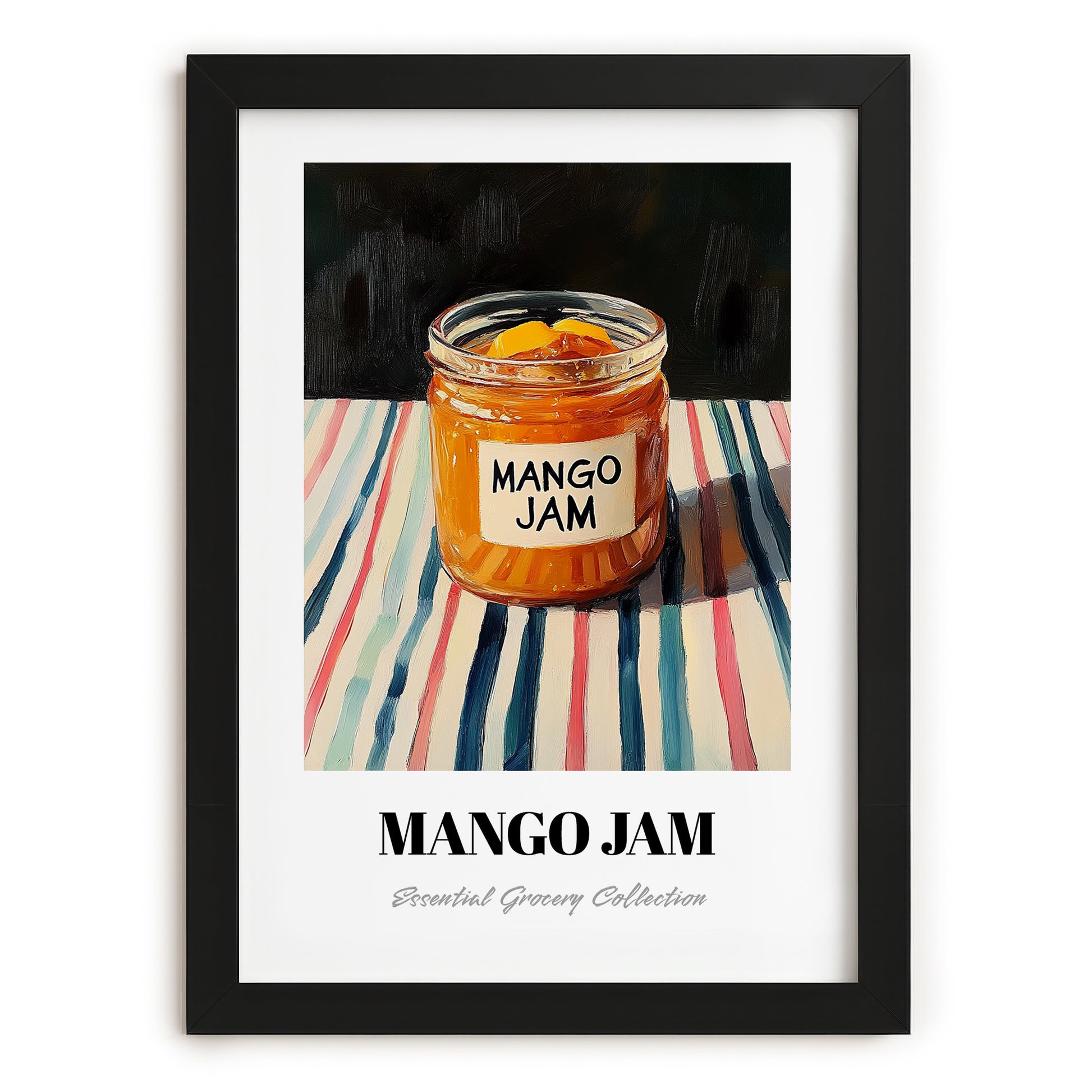 Mango Jam – on Striped Tablecloth, Jam Poster, in sleek black frame