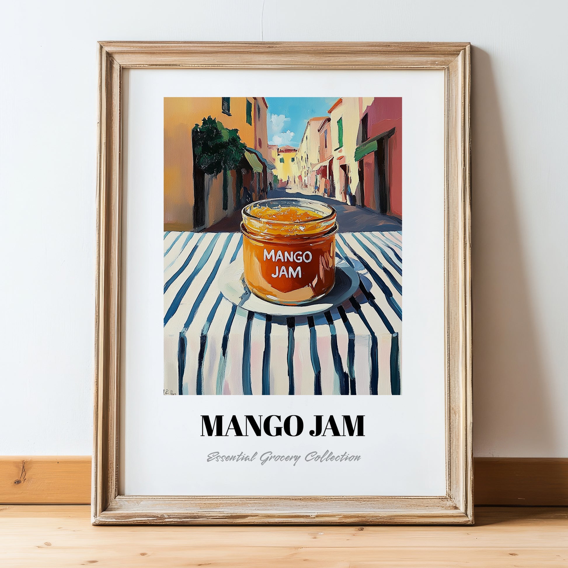 Mango Jam – Italian Street Café Scene, Jam Illustration, in wooden frame leaning on the floor