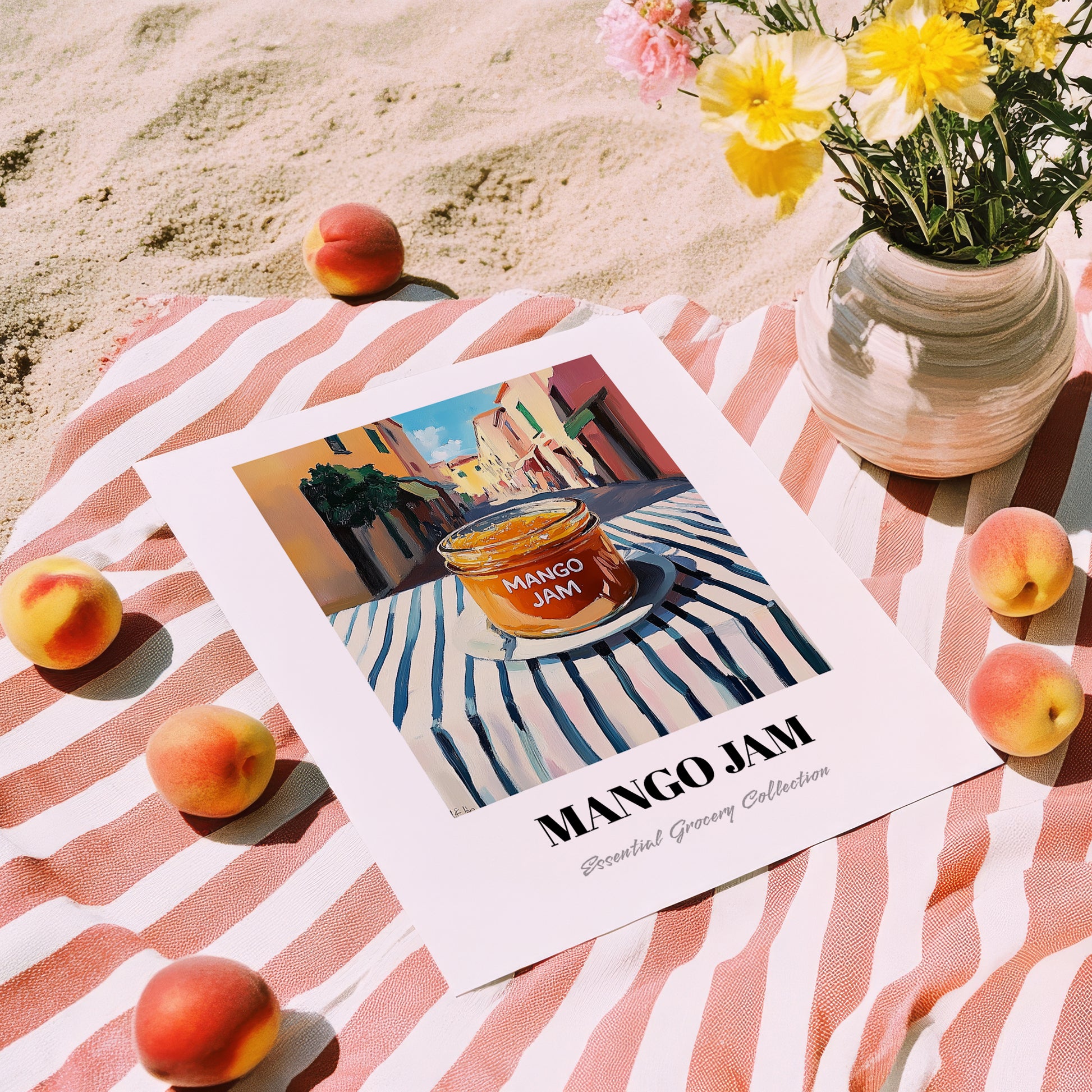 Mango Jam – Italian Street Café Scene, Jam Illustration, unframed on coastal sand