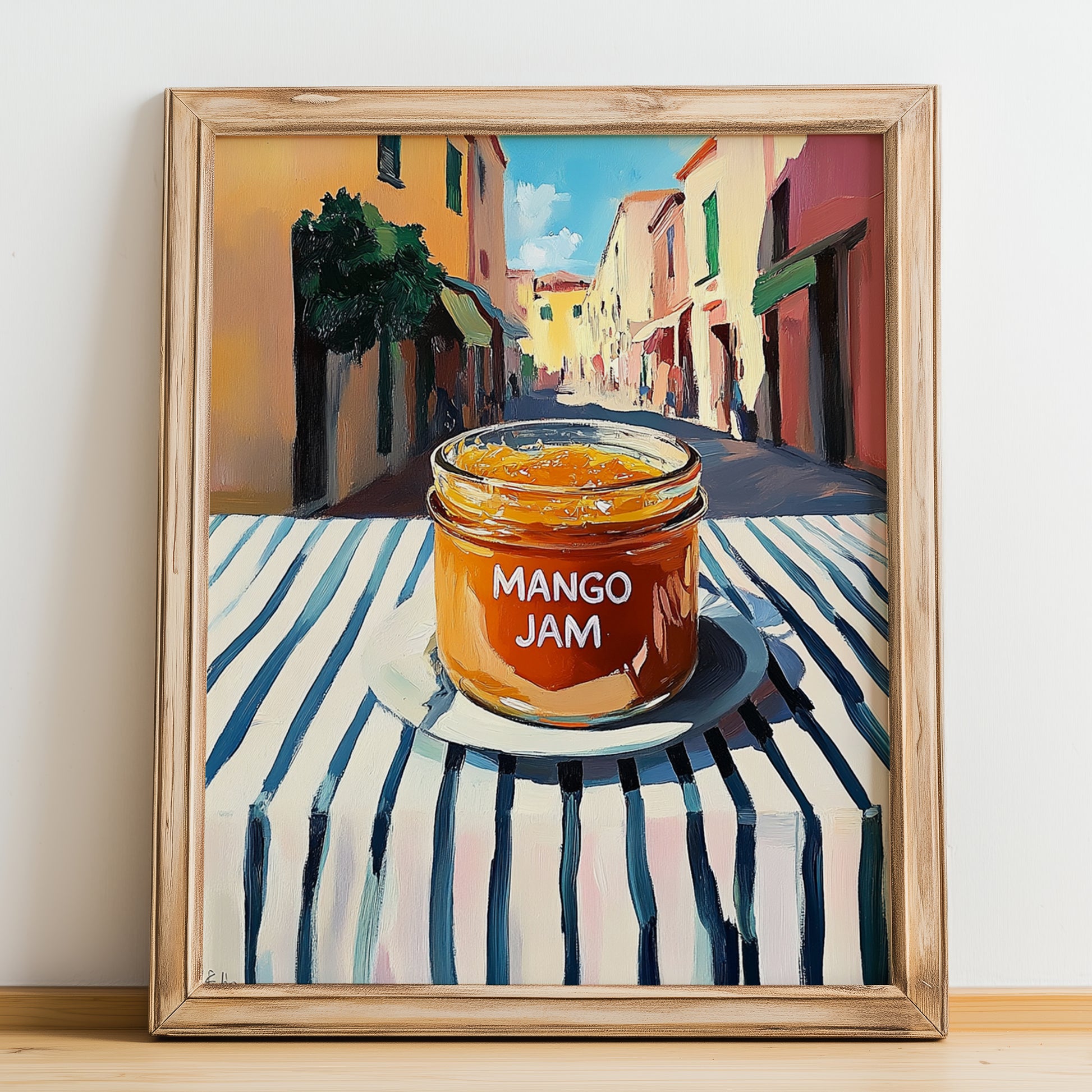 Mango Jam – Italian Street Café Scene, Jam Illustration, no-text version framed in wood