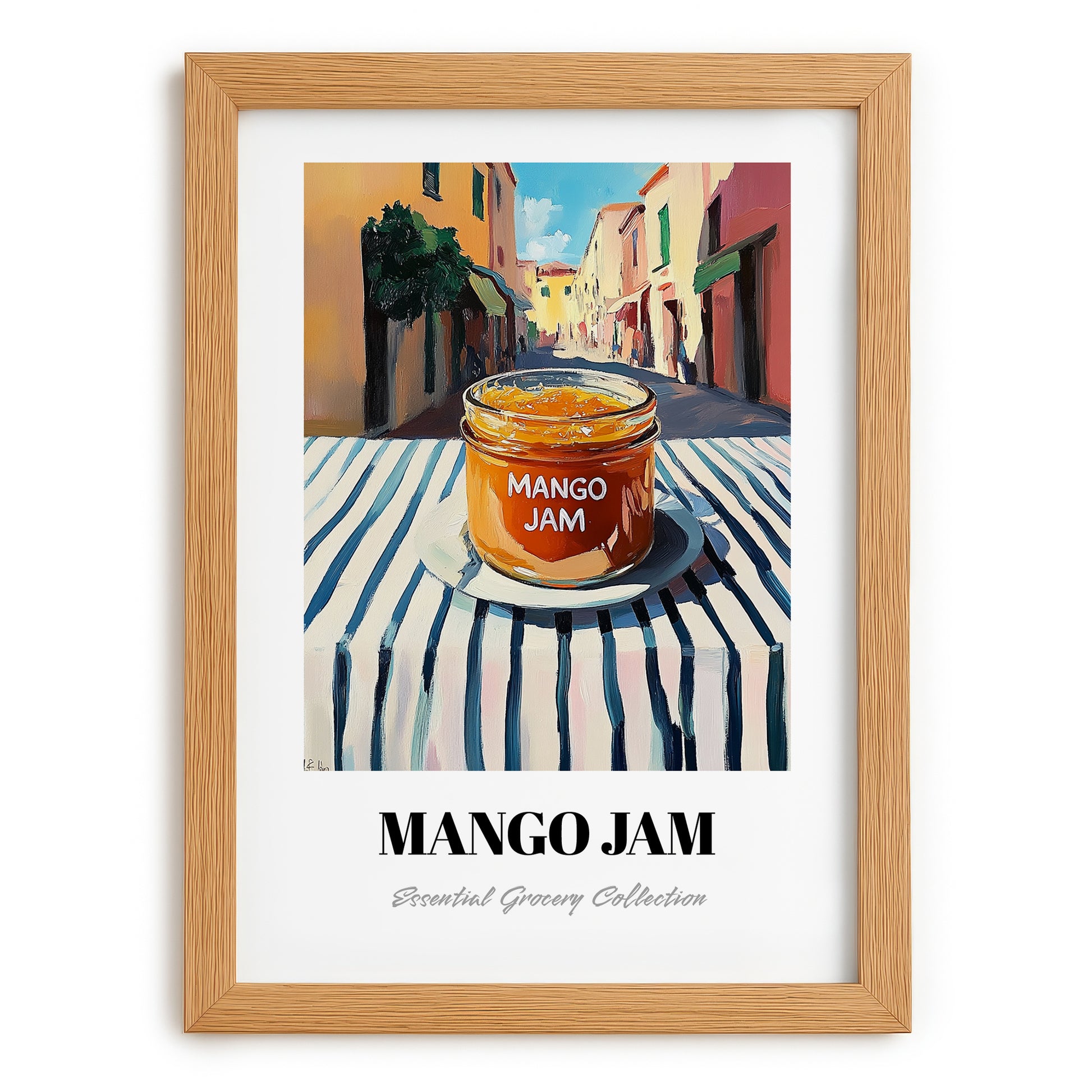 Mango Jam – Italian Street Café Scene, Jam Illustration, set in oak frame