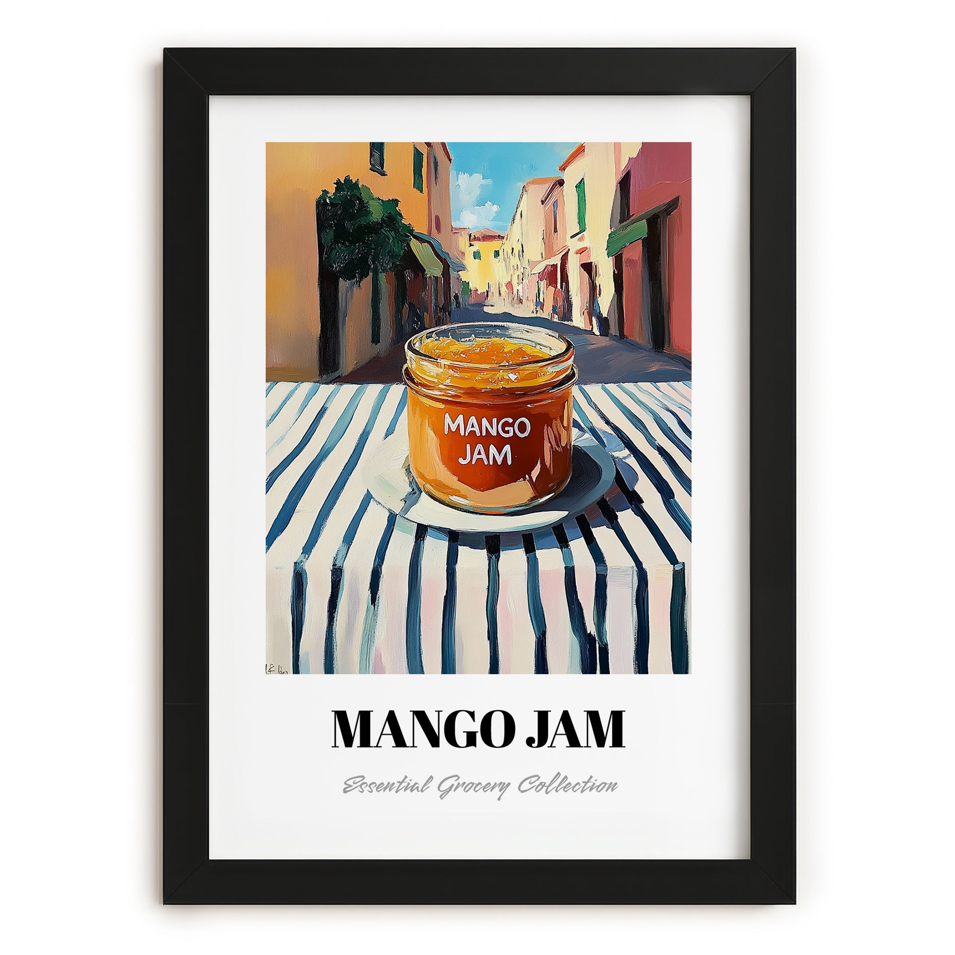 Mango Jam – Italian Street Café Scene, Jam Illustration, in sleek black frame
