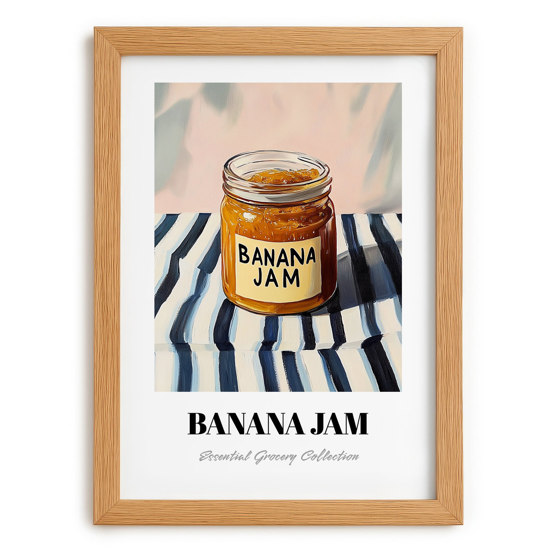 Banana Jam – on Striped Tablecloth, Jam Still Life, set in oak frame