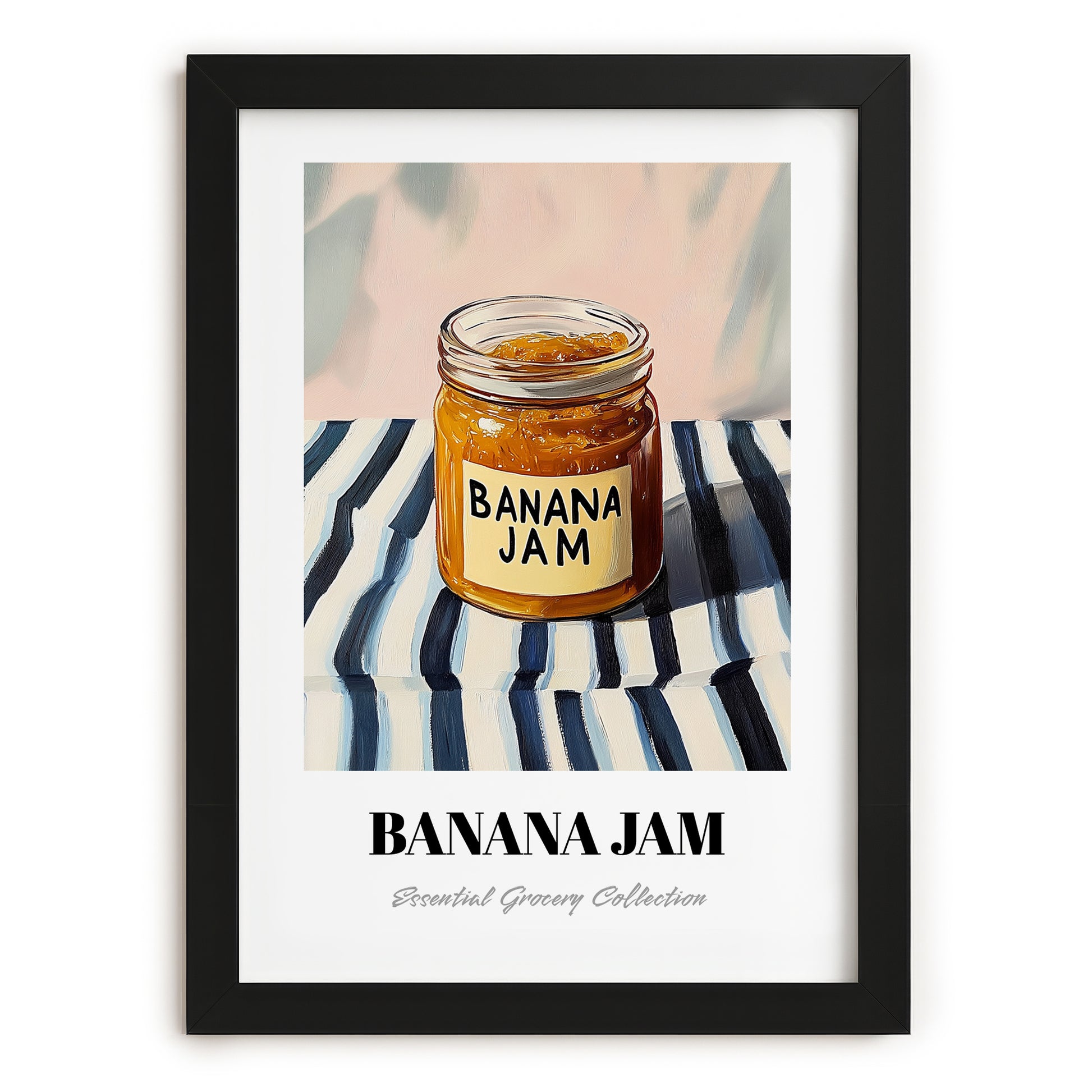 Banana Jam – on Striped Tablecloth, Jam Still Life, in sleek black frame