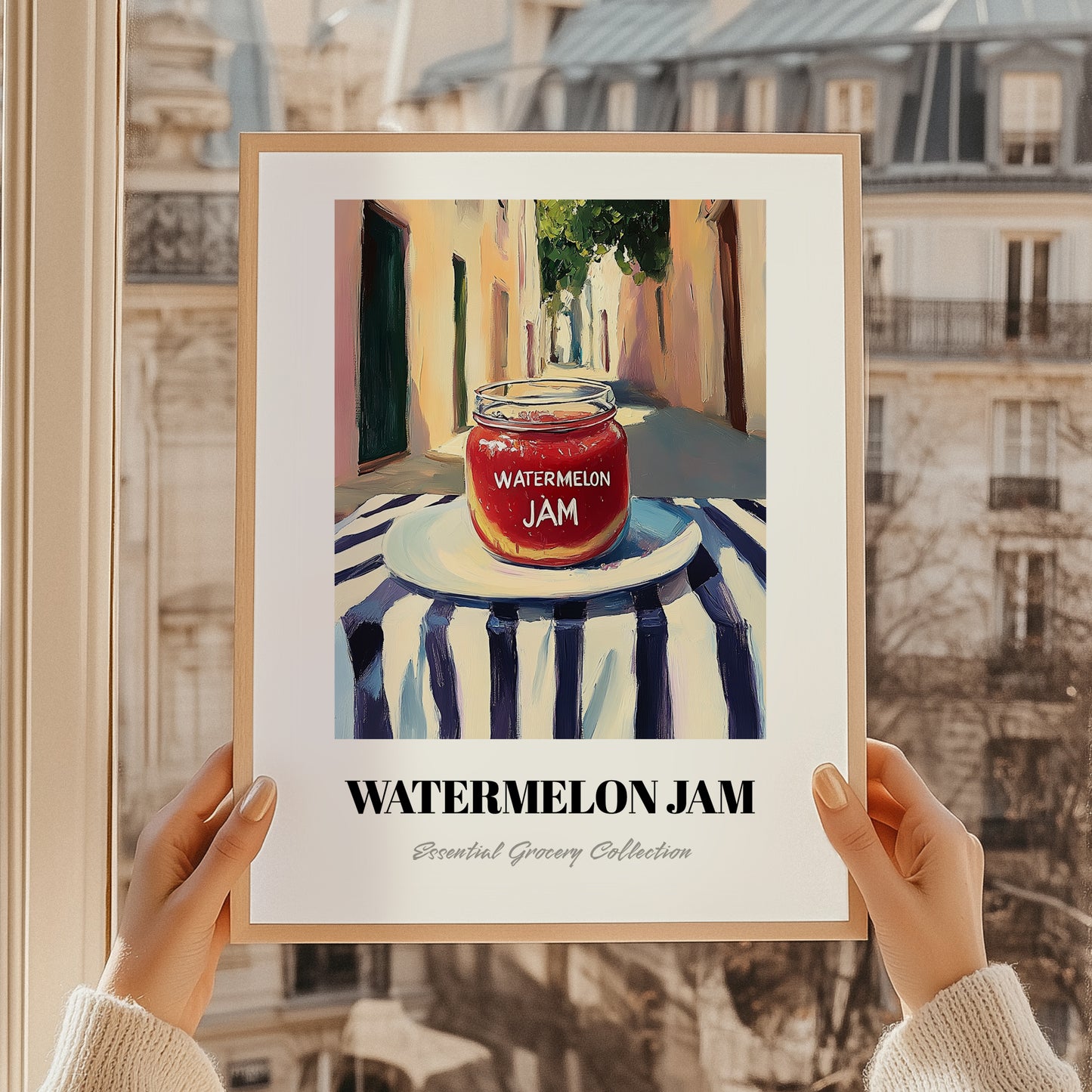 Watermelon Jam – Italian Café on the Corner, Jam Painting, styled in a charming Paris street view