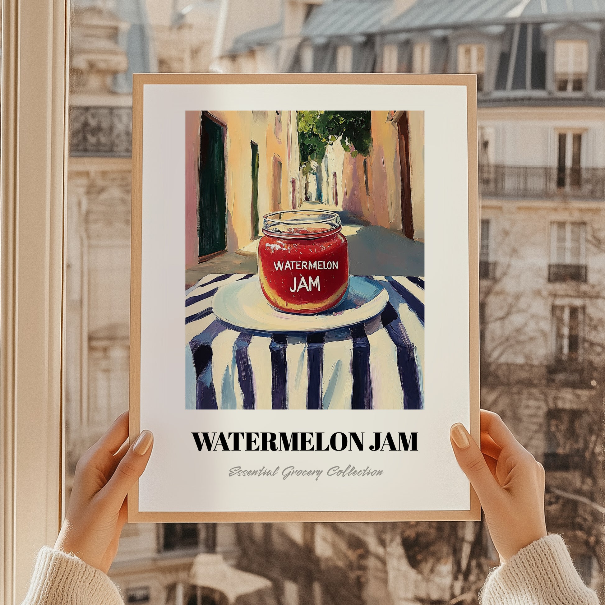 Watermelon Jam – Italian Café on the Corner, Jam Painting, styled in a charming Paris street view