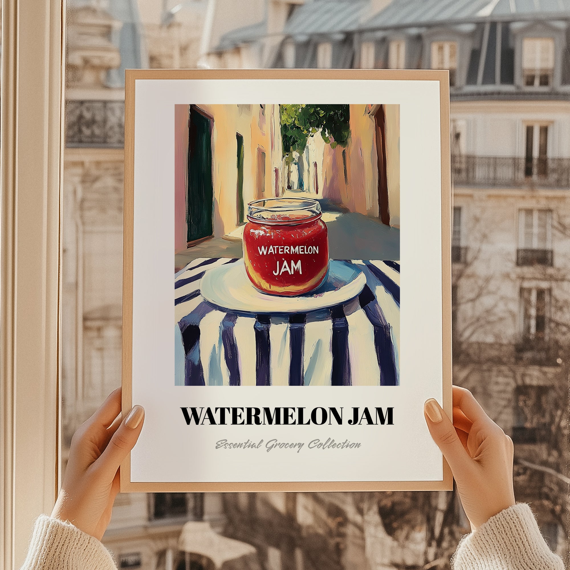 Watermelon Jam – Italian Café on the Corner, Jam Painting, styled in a charming Paris street view