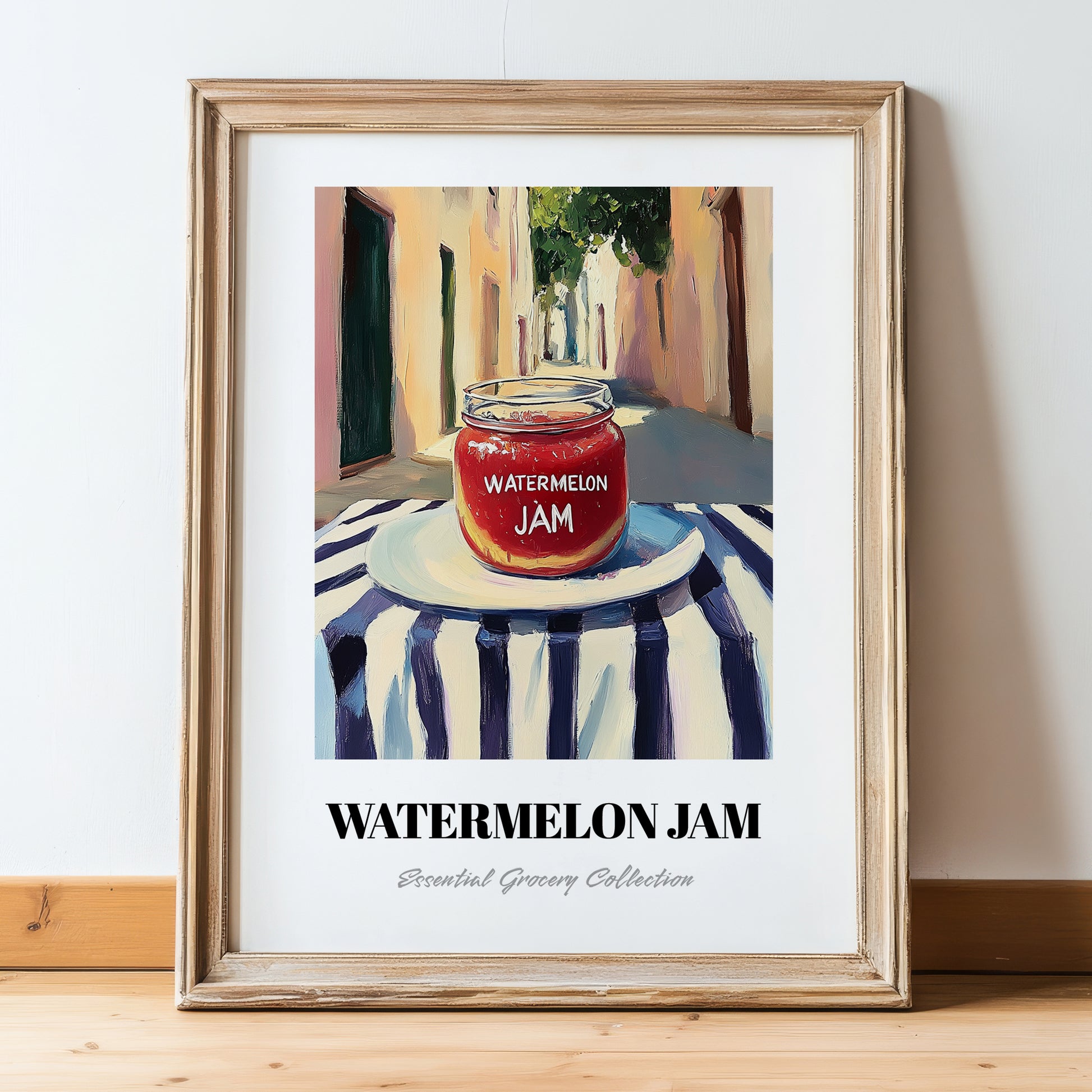 Watermelon Jam – Italian Café on the Corner, Jam Painting, in wooden frame leaning on the floor