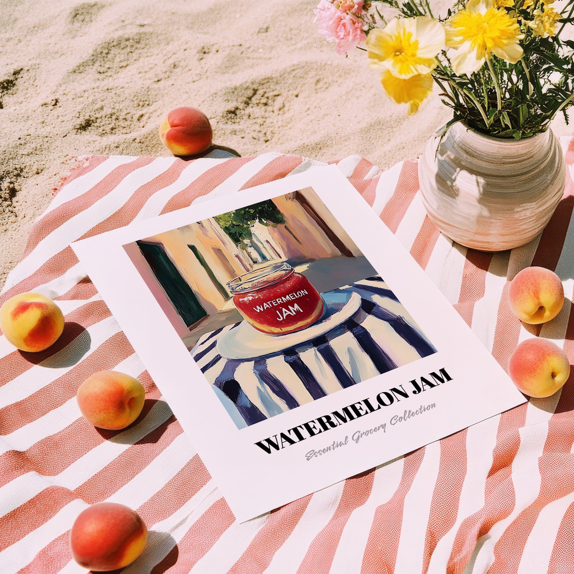 Watermelon Jam – Italian Café on the Corner, Jam Painting, unframed on coastal sand