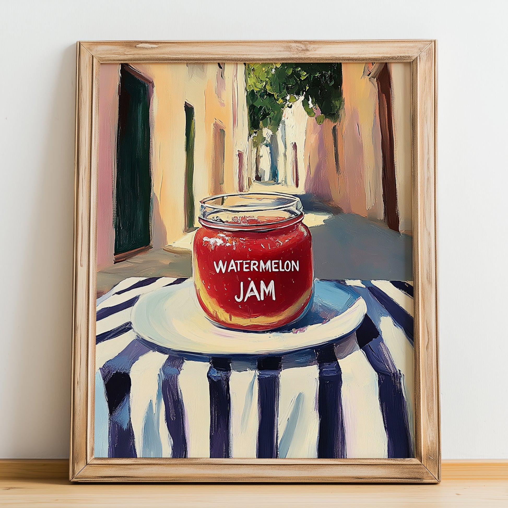 Watermelon Jam – Italian Café on the Corner, Jam Painting, no-text version framed in wood