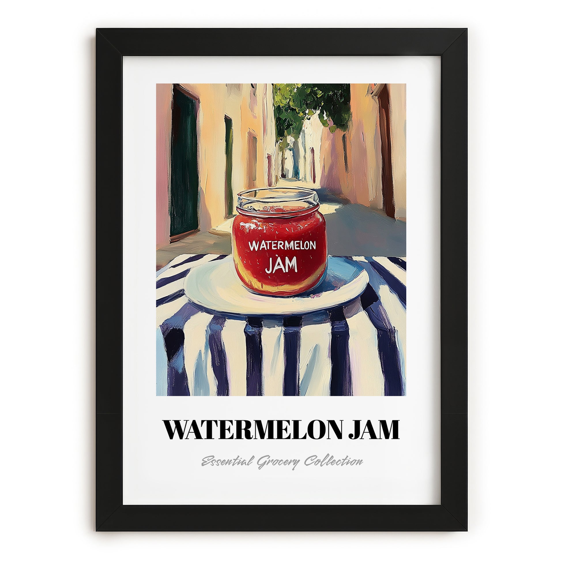 Watermelon Jam – Italian Café on the Corner, Jam Painting, in sleek black frame