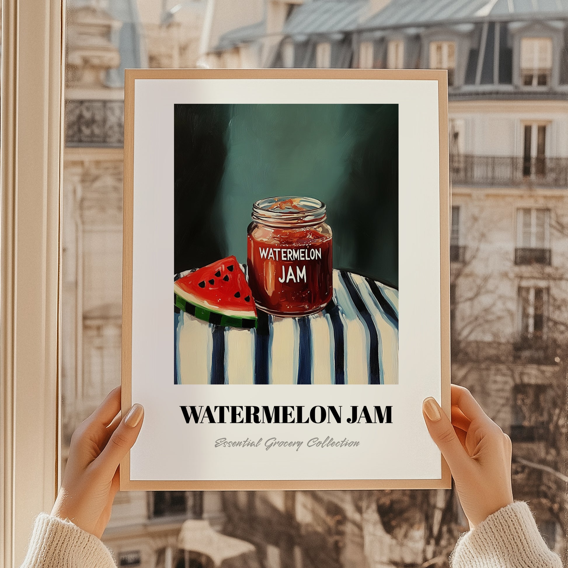 Watermelon Jam – on Striped Tablecloth, Jam Painting, styled in a charming Paris street view