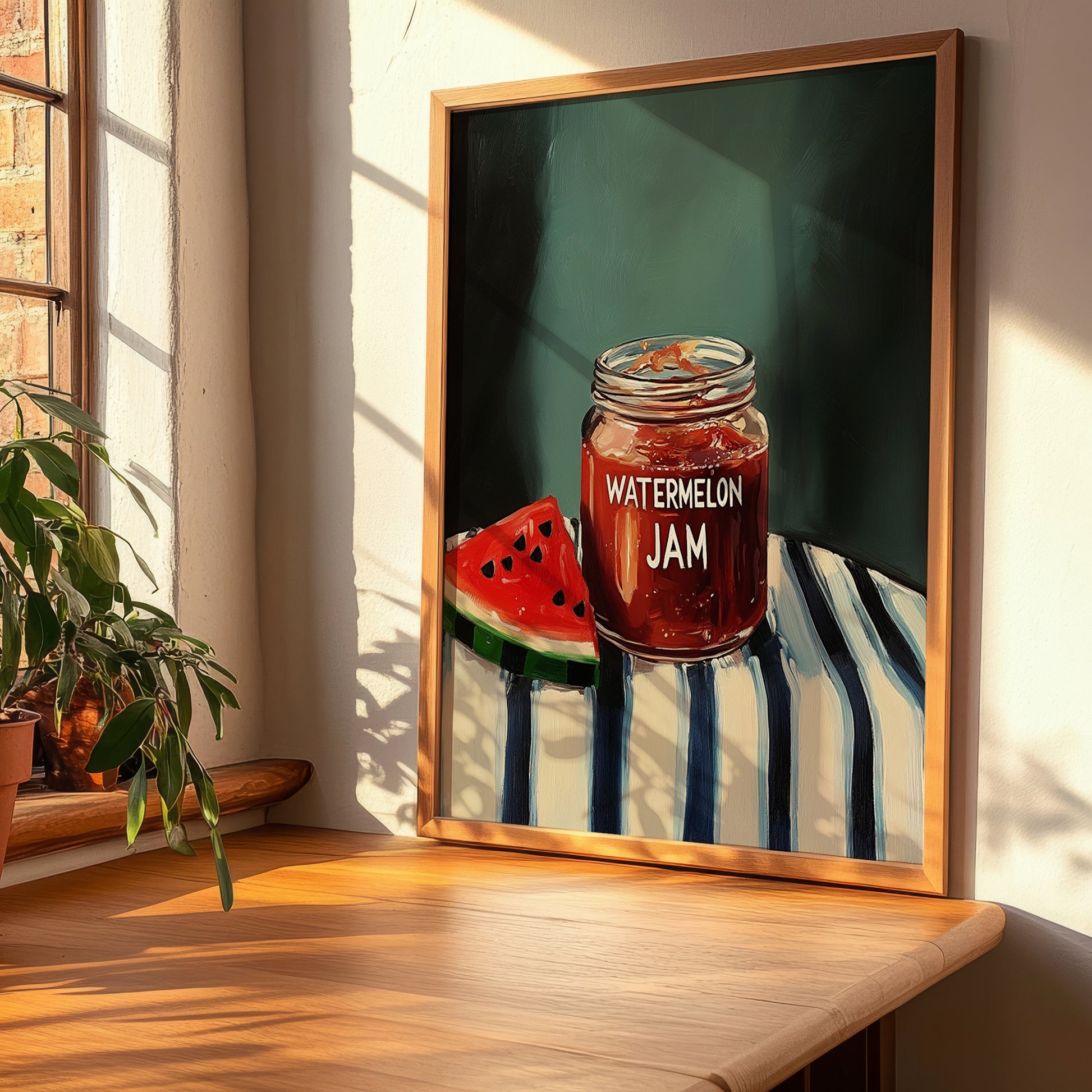 Watermelon Jam – on Striped Tablecloth, Jam Painting, clean layout with no caption