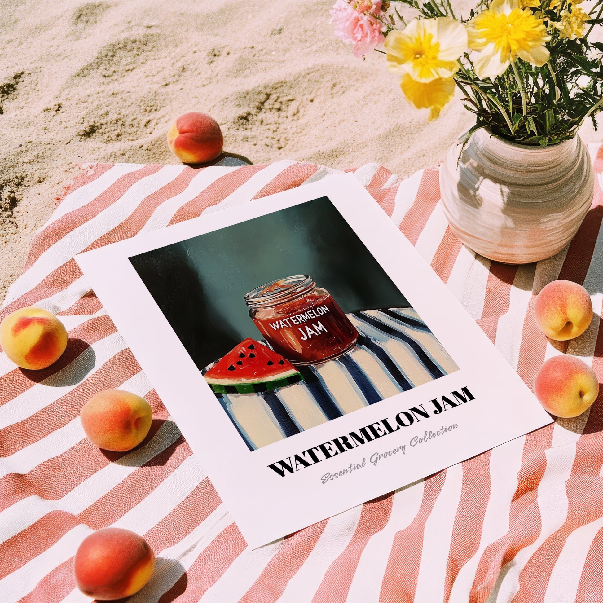 Watermelon Jam – on Striped Tablecloth, Jam Painting, unframed on coastal sand