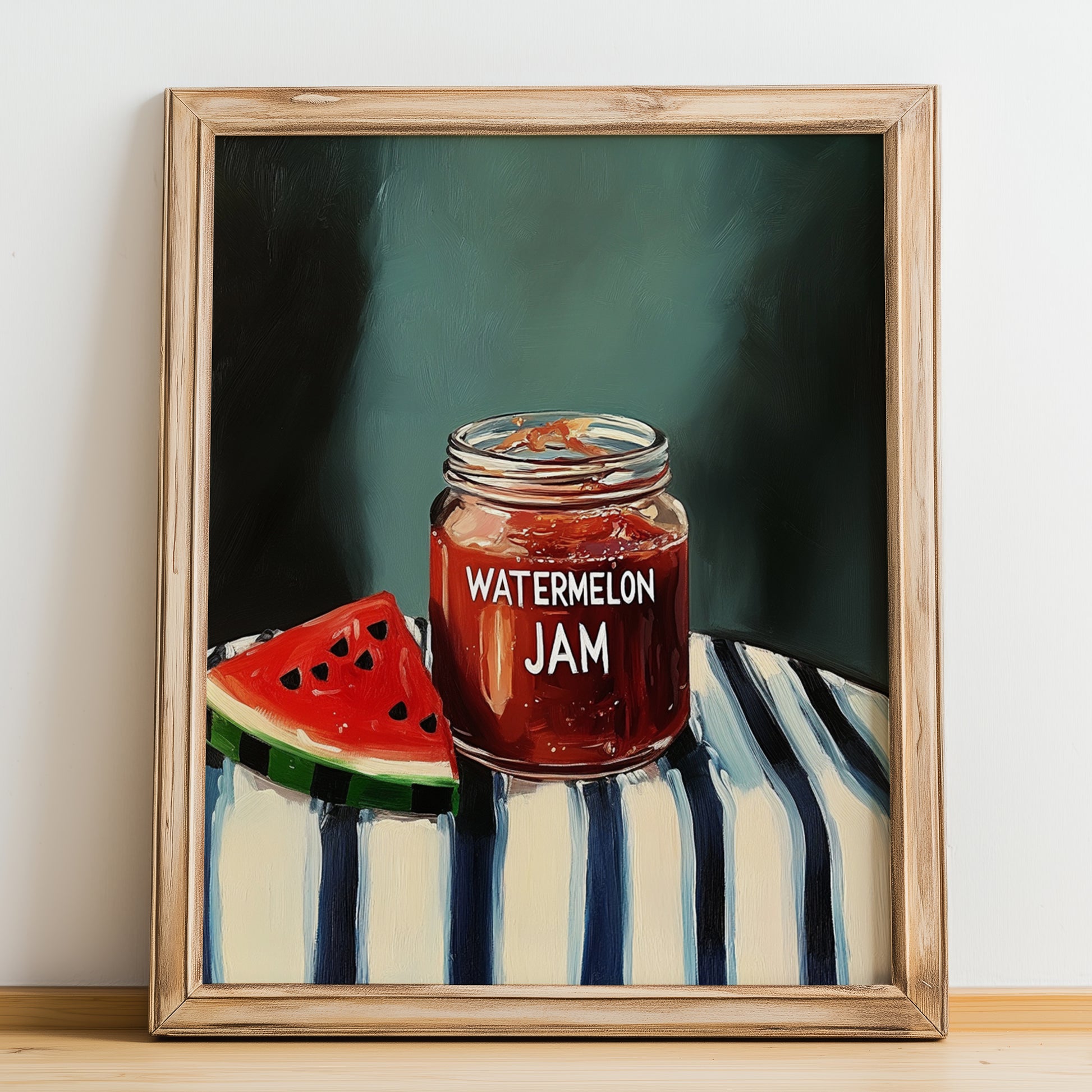 Watermelon Jam – on Striped Tablecloth, Jam Painting, no-text version framed in wood