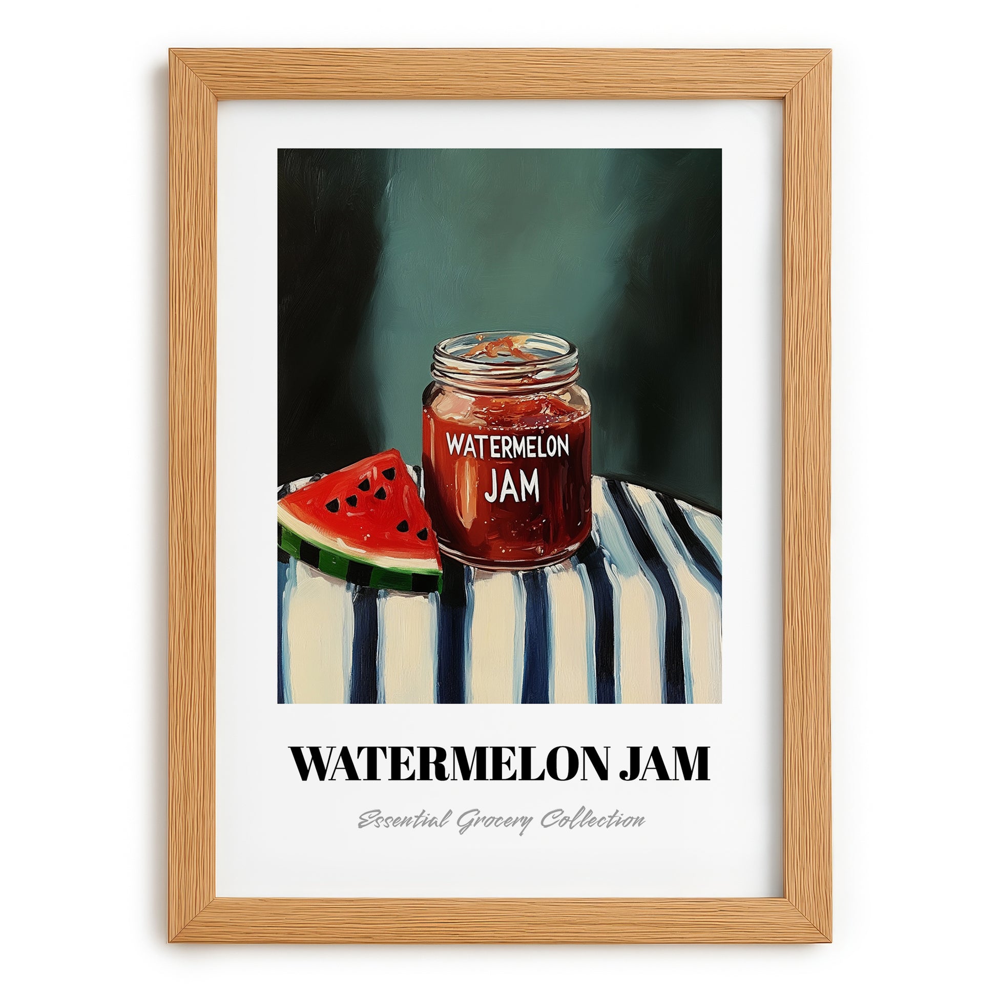 Watermelon Jam – on Striped Tablecloth, Jam Painting, set in oak frame
