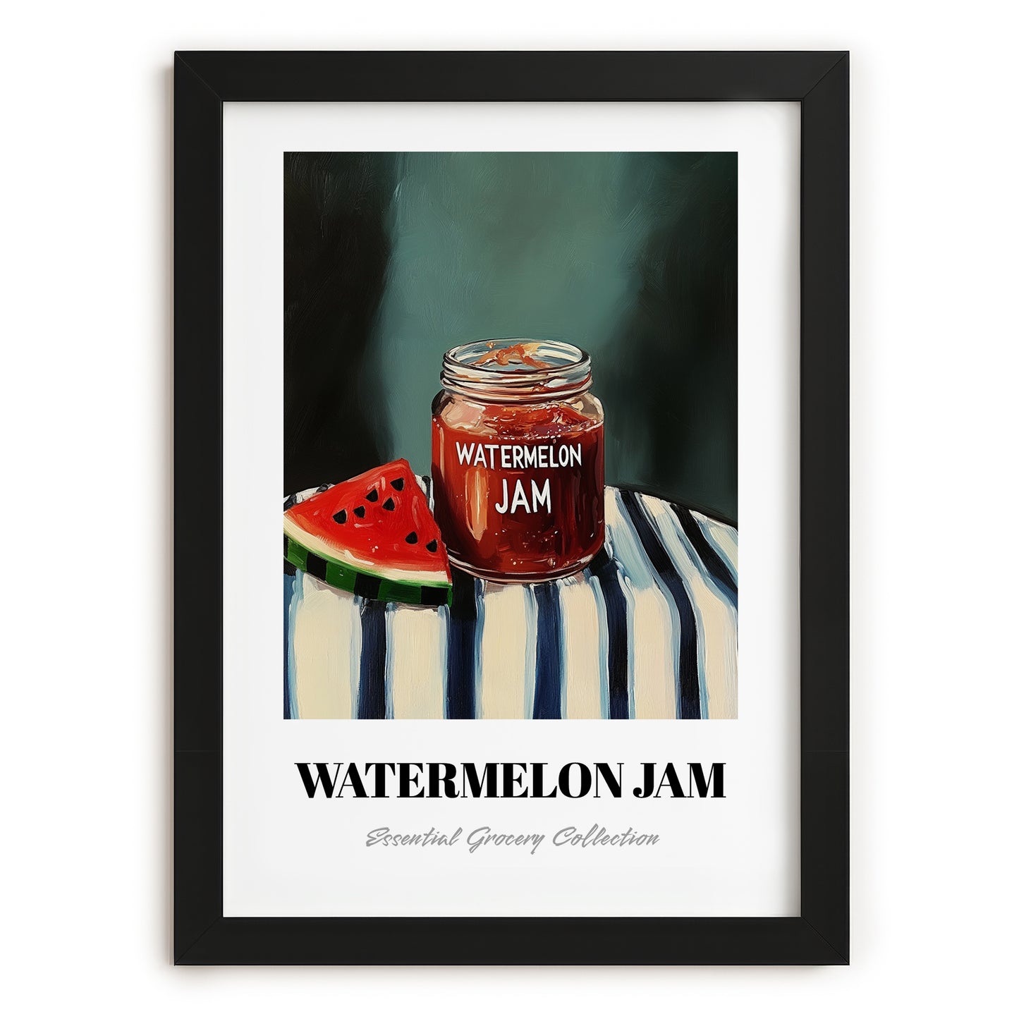 Watermelon Jam – on Striped Tablecloth, Jam Painting, in sleek black frame