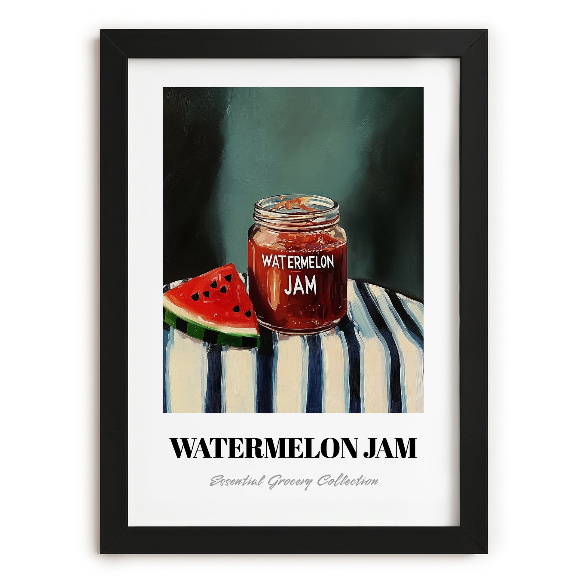 Watermelon Jam – on Striped Tablecloth, Jam Painting, in sleek black frame
