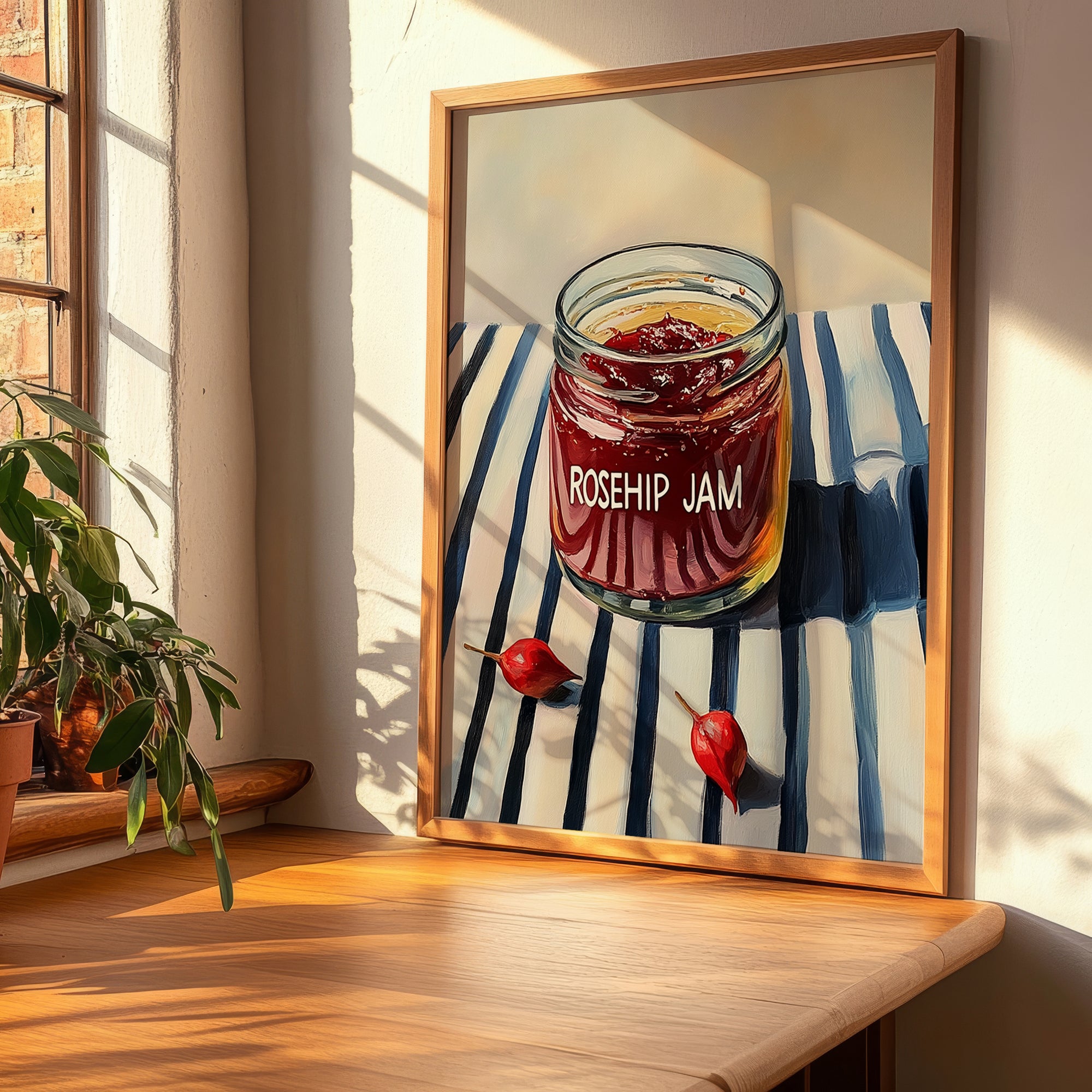 Rosehip Jam – on Striped Tablecloth, Jam Art, clean layout with no caption