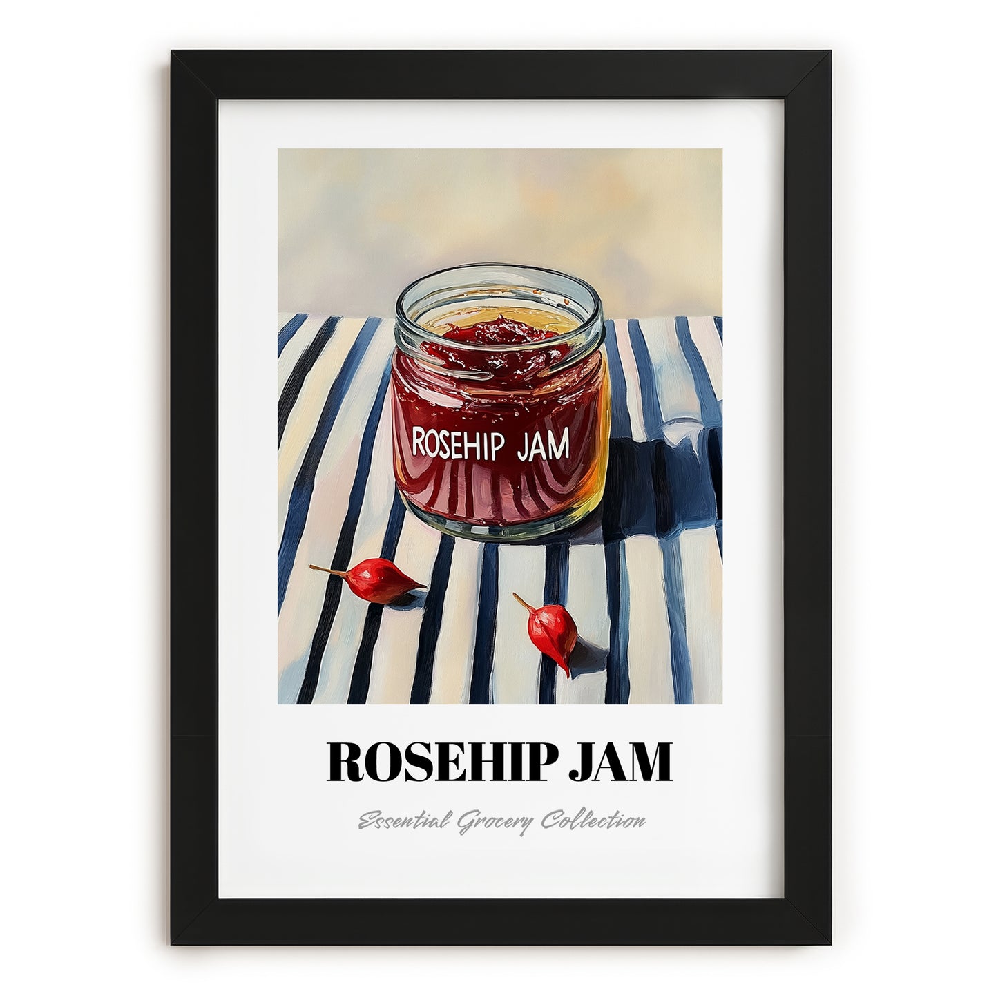 Rosehip Jam – on Striped Tablecloth, Jam Art, in sleek black frame