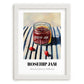 Rosehip Jam – on Striped Tablecloth, Jam Art, placed in minimal white frame