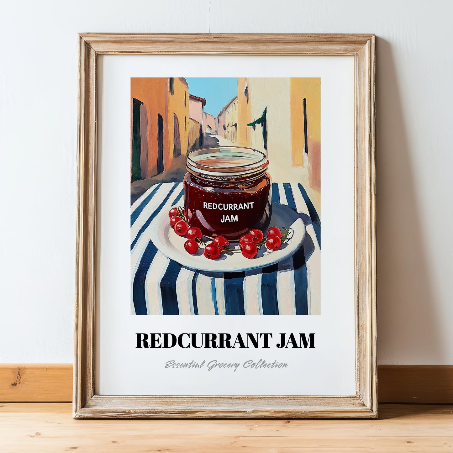 Redcurrant Jam – Italian Outdoor Café Scene, Jam Wall Art, in wooden frame leaning on the floor