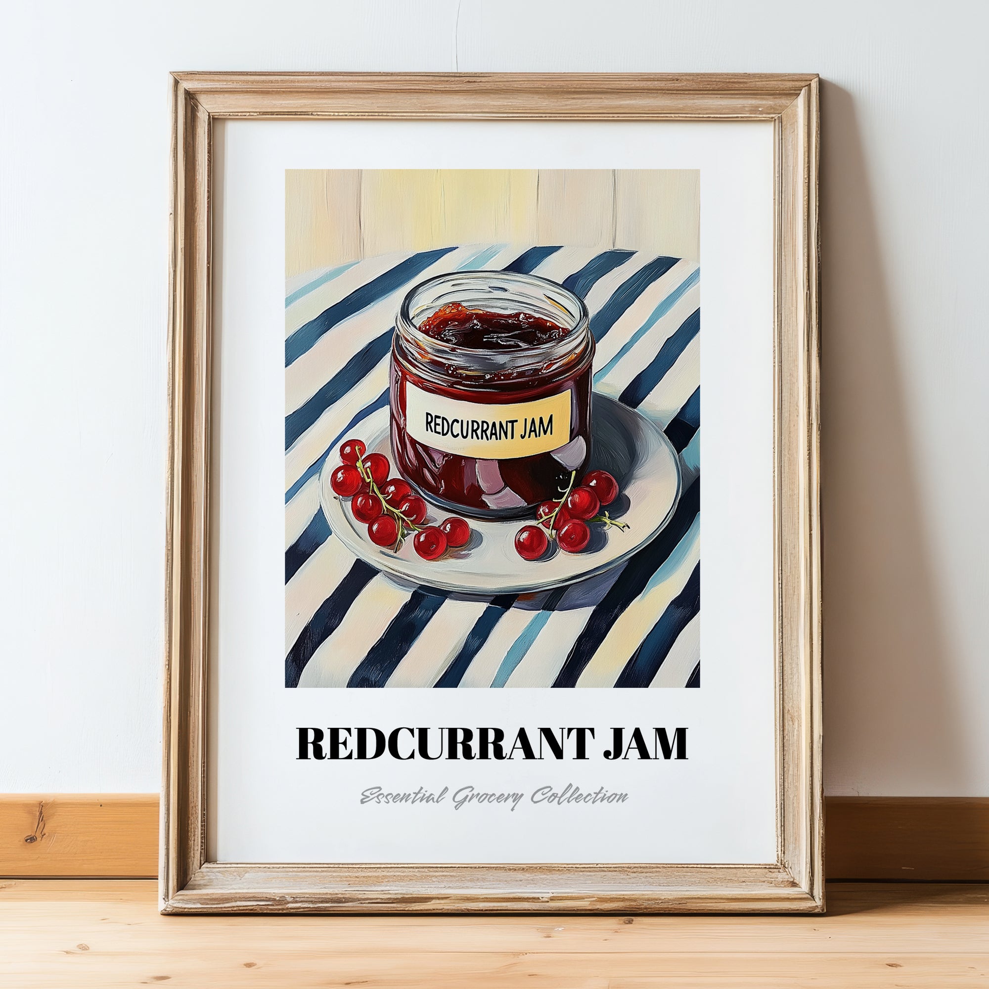 Redcurrant Jam – on Striped Tablecloth, Jam Wall Art, in wooden frame leaning on the floor