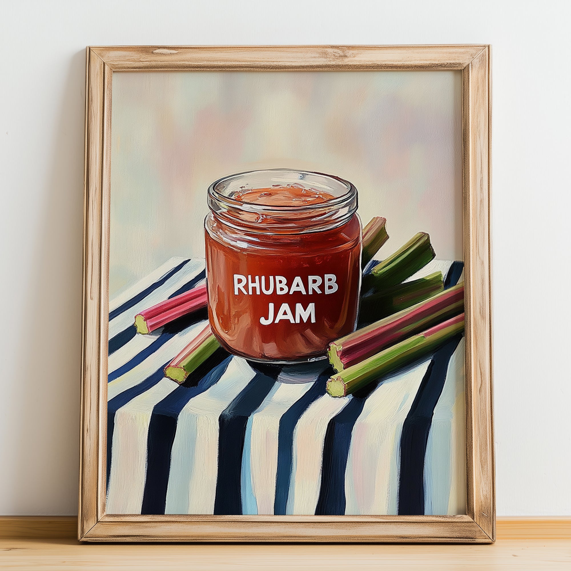 Rhubarb Jam – on Striped Tablecloth, Jam Wall Painting, no-text version framed in wood