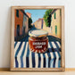 Rhubarb Jam – Italian Street Café Scene, Jam Wall Decor, no-text version framed in wood