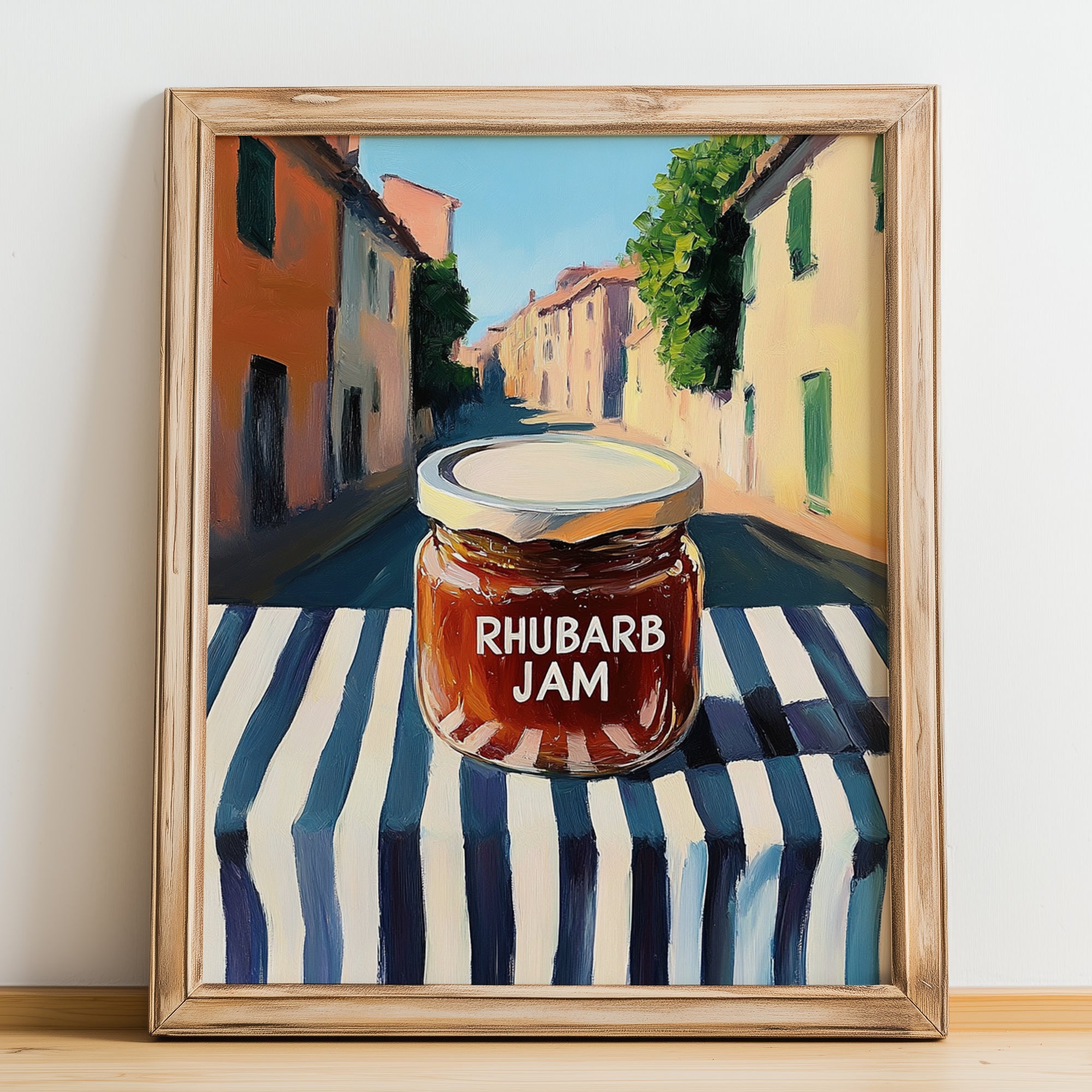 Rhubarb Jam – Italian Street Café Scene, Jam Wall Decor, no-text version framed in wood