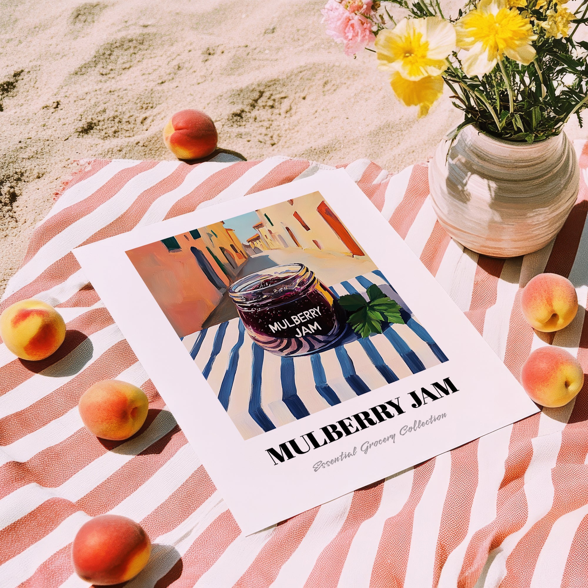 Mulberry Jam – Italian Café on the Corner, Jam Illustration, unframed on coastal sand