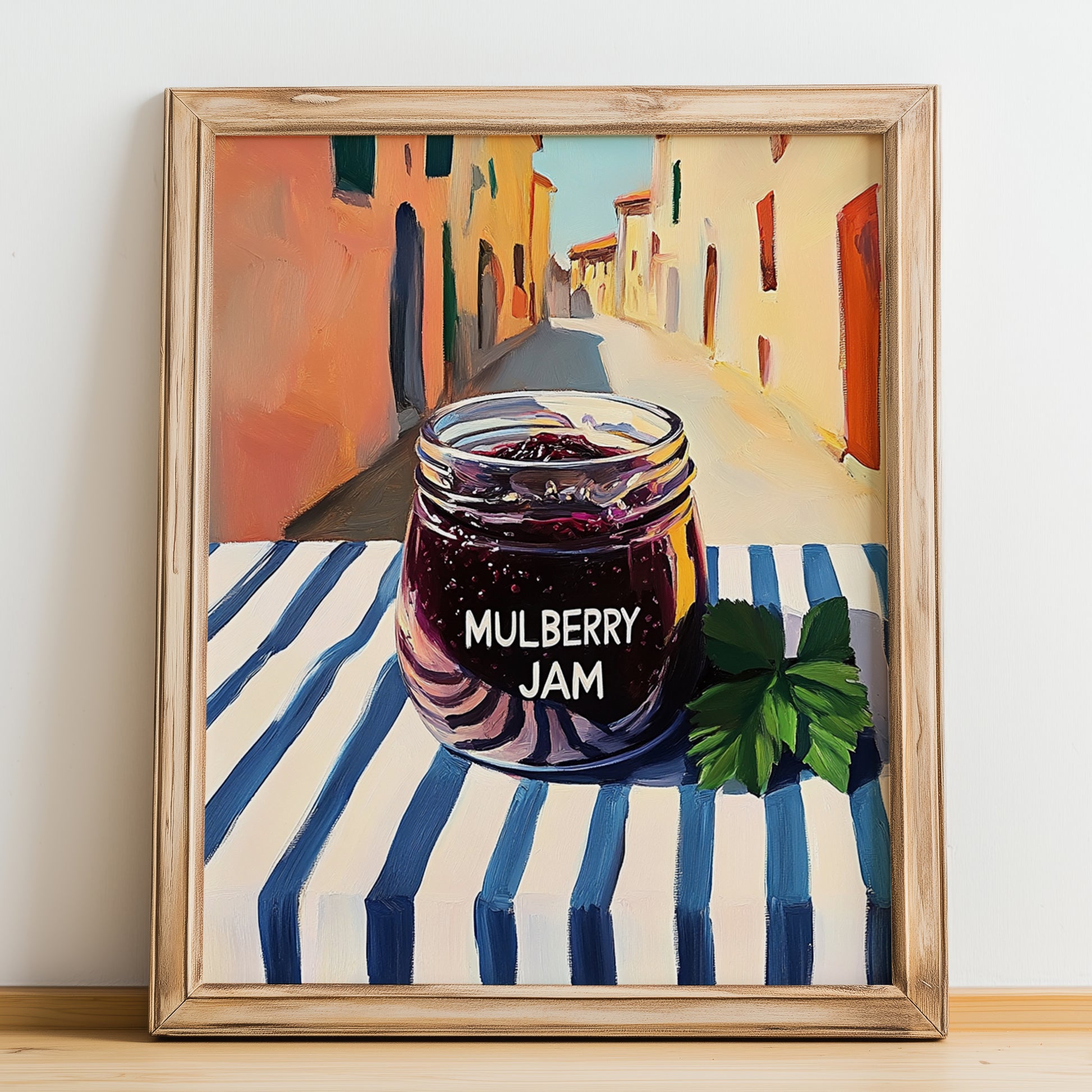 Mulberry Jam – Italian Café on the Corner, Jam Illustration, no-text version framed in wood