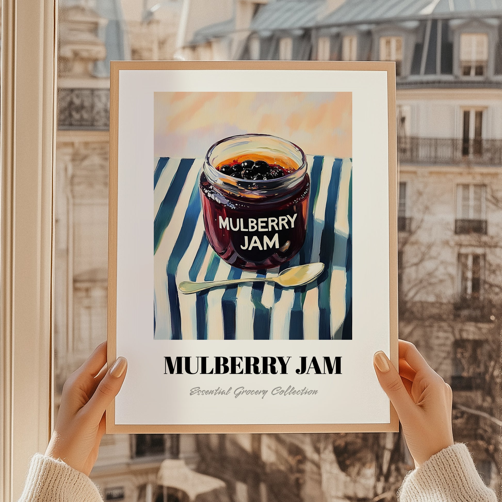 Mulberry Jam – on Striped Tablecloth, Jam Wall Decor, styled in a charming Paris street view