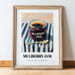 Mulberry Jam – on Striped Tablecloth, Jam Wall Decor, in wooden frame leaning on the floor