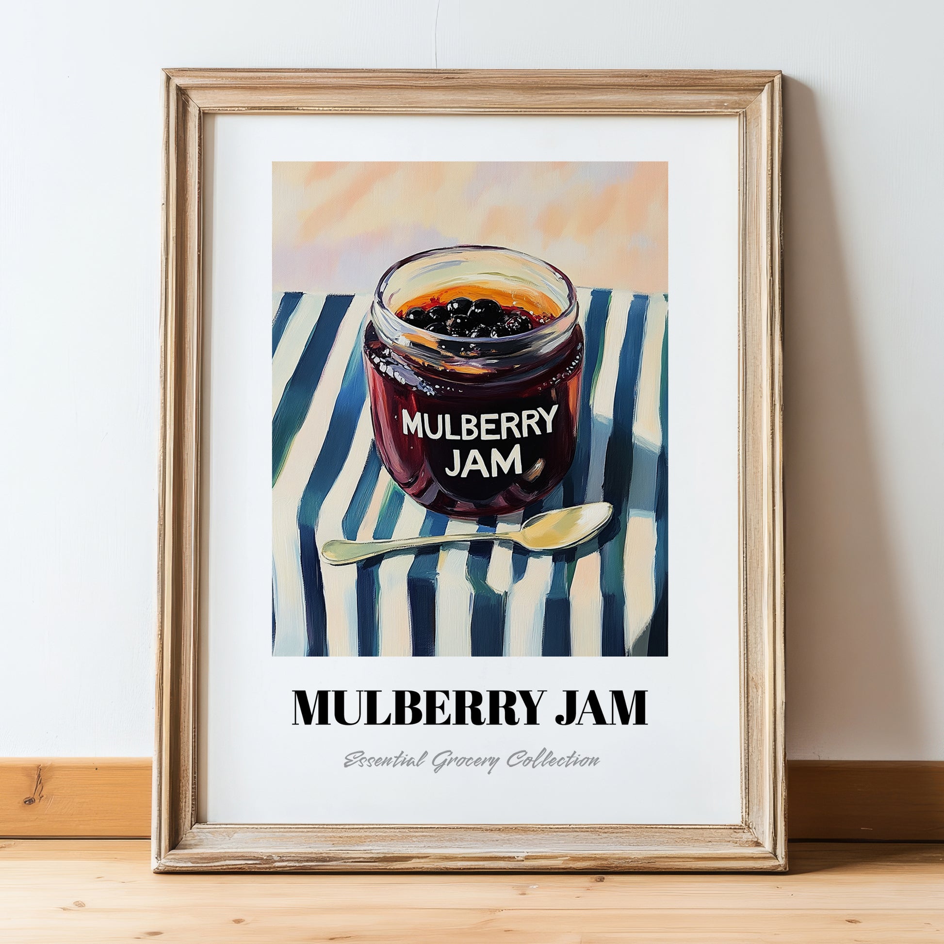 Mulberry Jam – on Striped Tablecloth, Jam Wall Decor, in wooden frame leaning on the floor