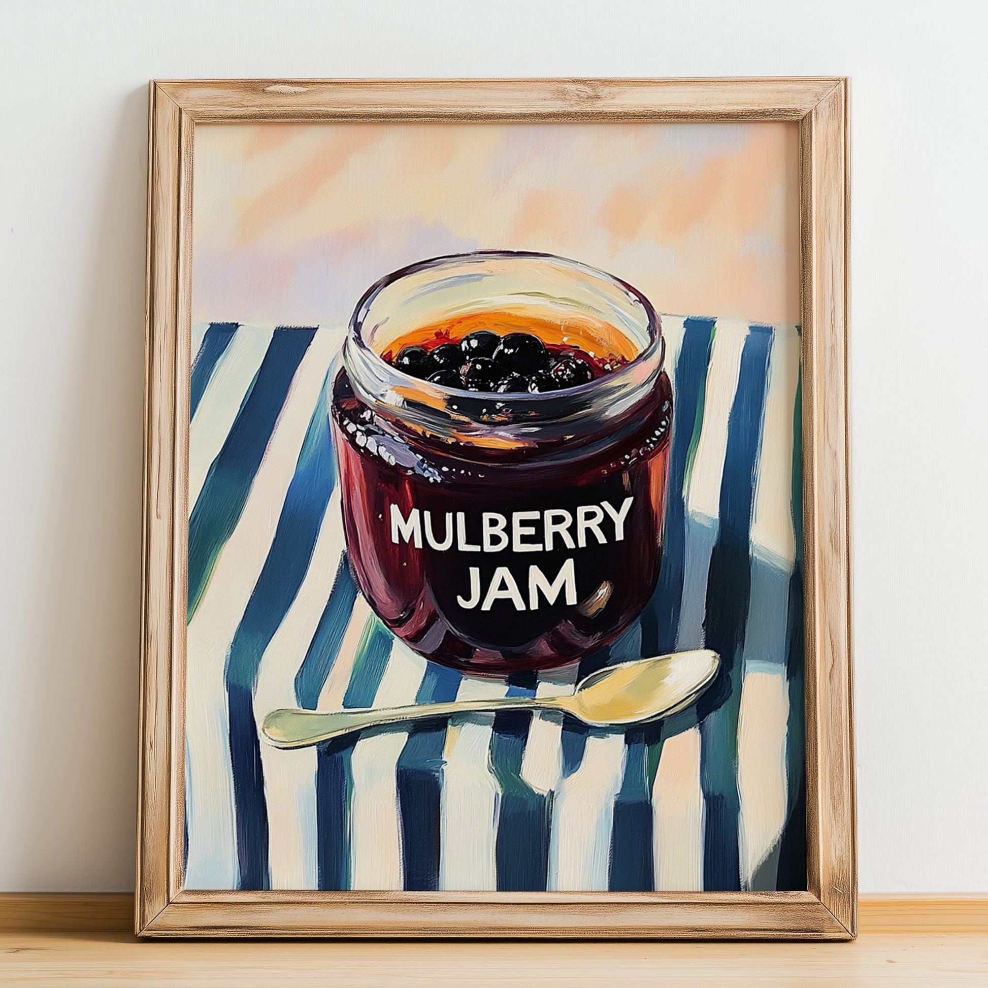 Mulberry Jam – on Striped Tablecloth, Jam Wall Decor, no-text version framed in wood