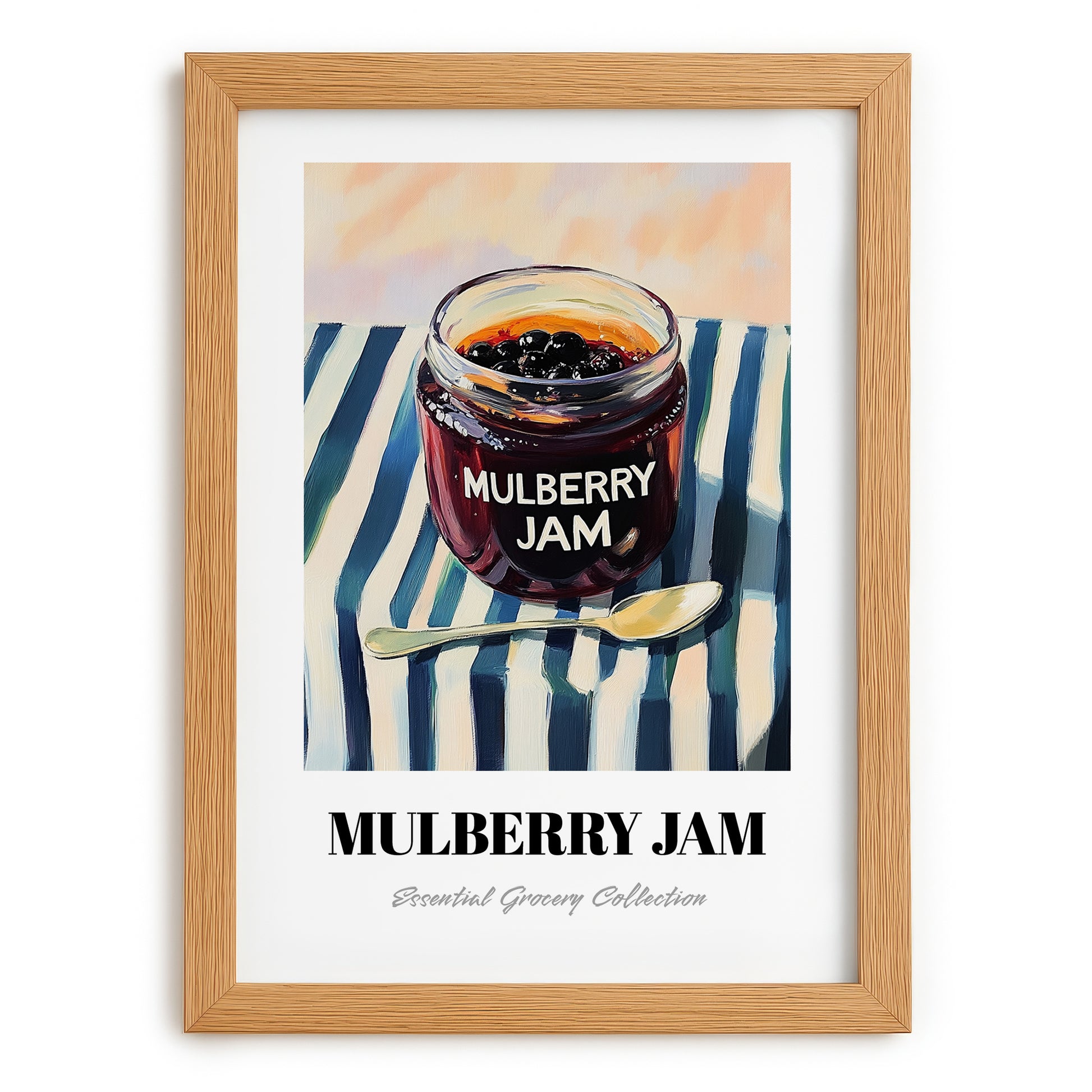 Mulberry Jam – on Striped Tablecloth, Jam Wall Decor, set in oak frame