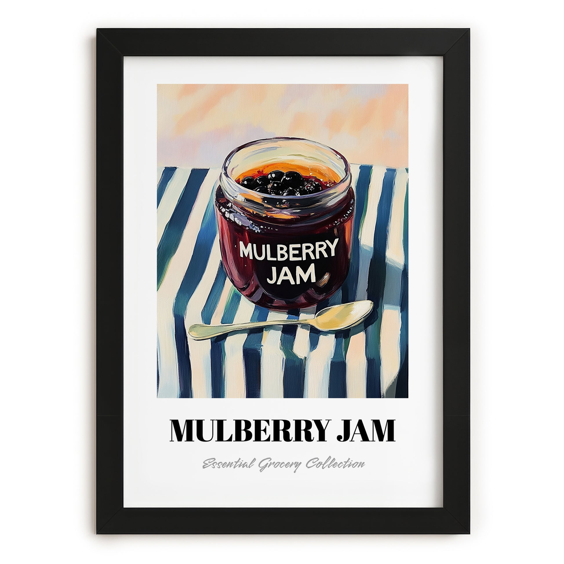 Mulberry Jam – on Striped Tablecloth, Jam Wall Decor, in sleek black frame