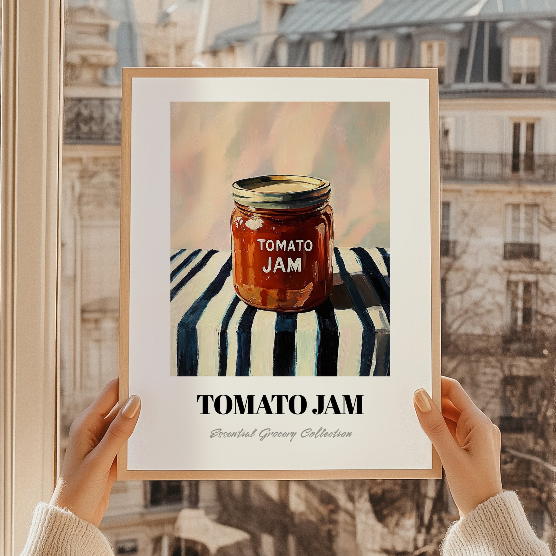 Tomato Jam – on Striped Tablecloth, Jam Painting, styled in a charming Paris street view