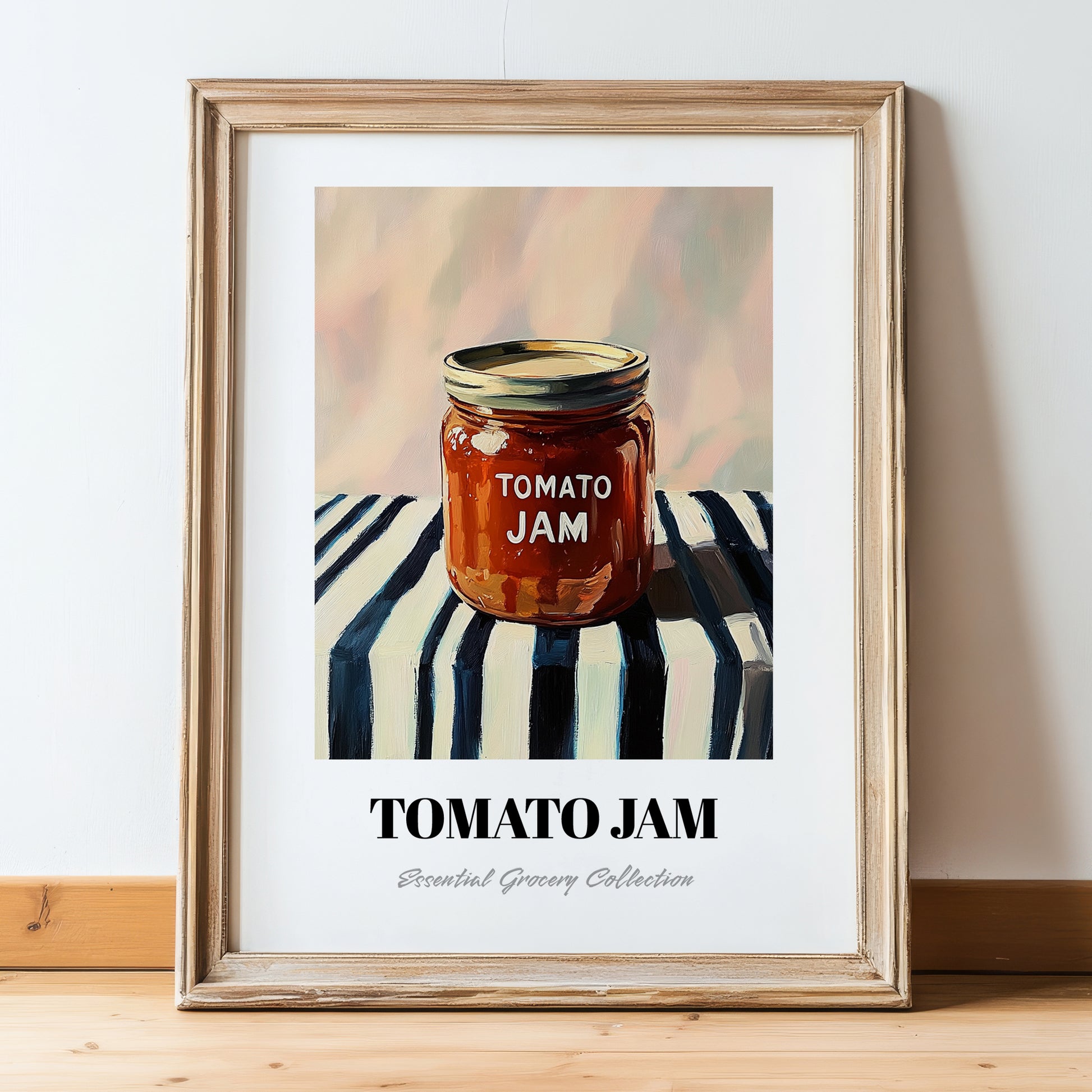 Tomato Jam – on Striped Tablecloth, Jam Painting, in wooden frame leaning on the floor