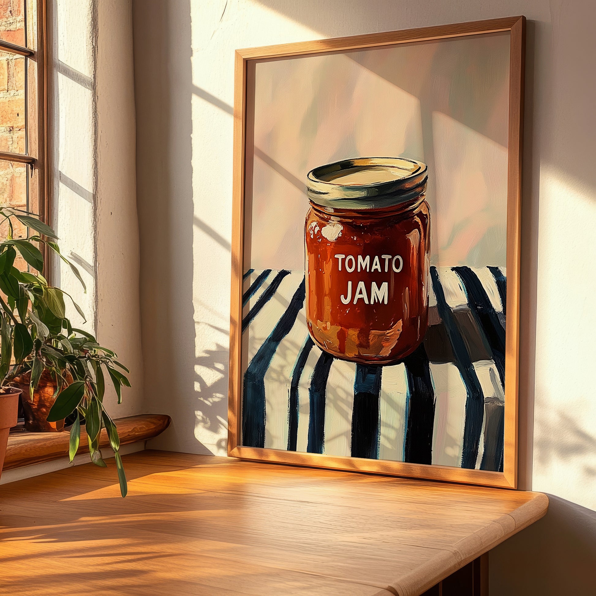 Tomato Jam – on Striped Tablecloth, Jam Painting, clean layout with no caption