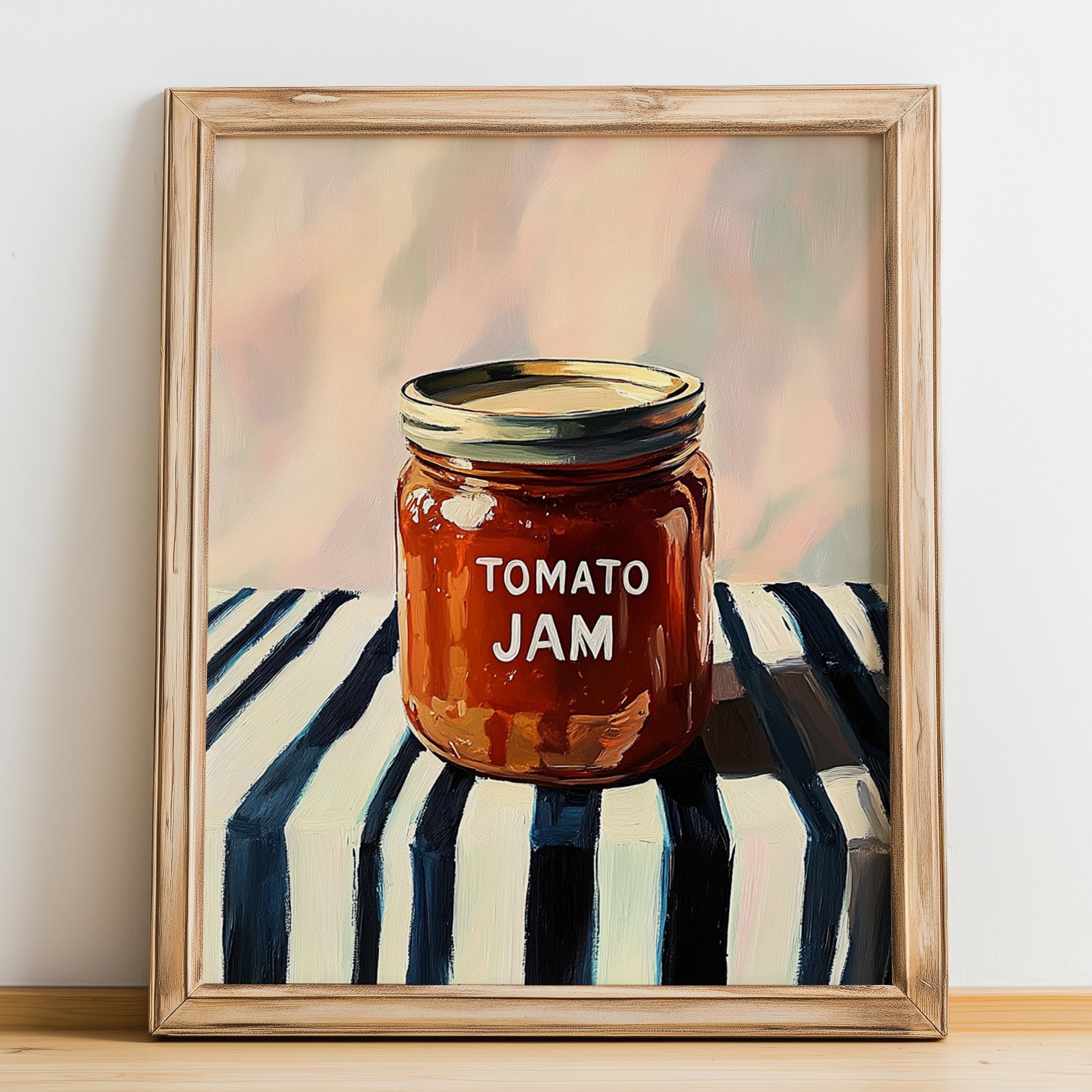 Tomato Jam – on Striped Tablecloth, Jam Painting, no-text version framed in wood