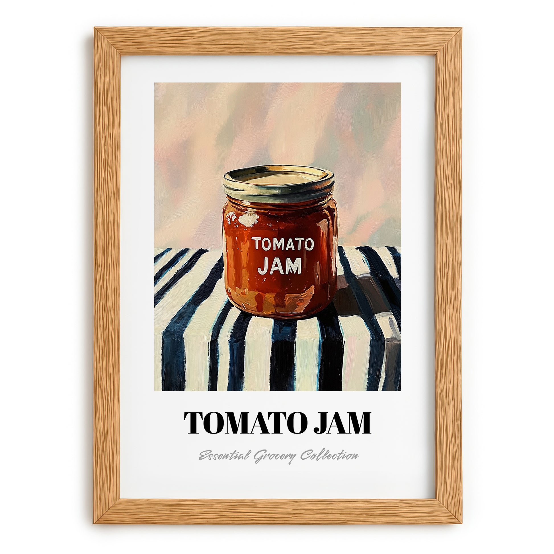 Tomato Jam – on Striped Tablecloth, Jam Painting, set in oak frame
