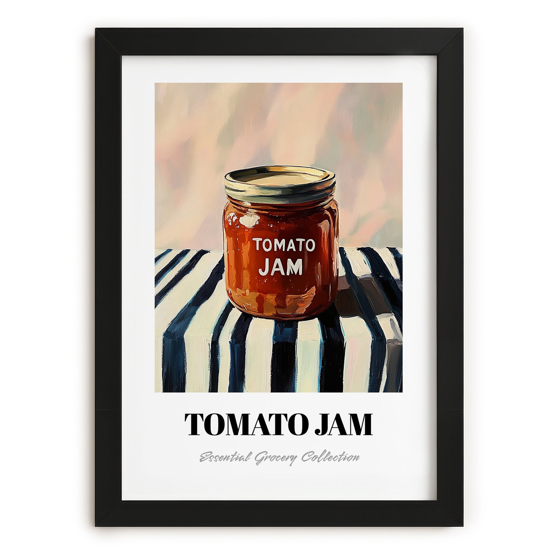 Tomato Jam – on Striped Tablecloth, Jam Painting, in sleek black frame