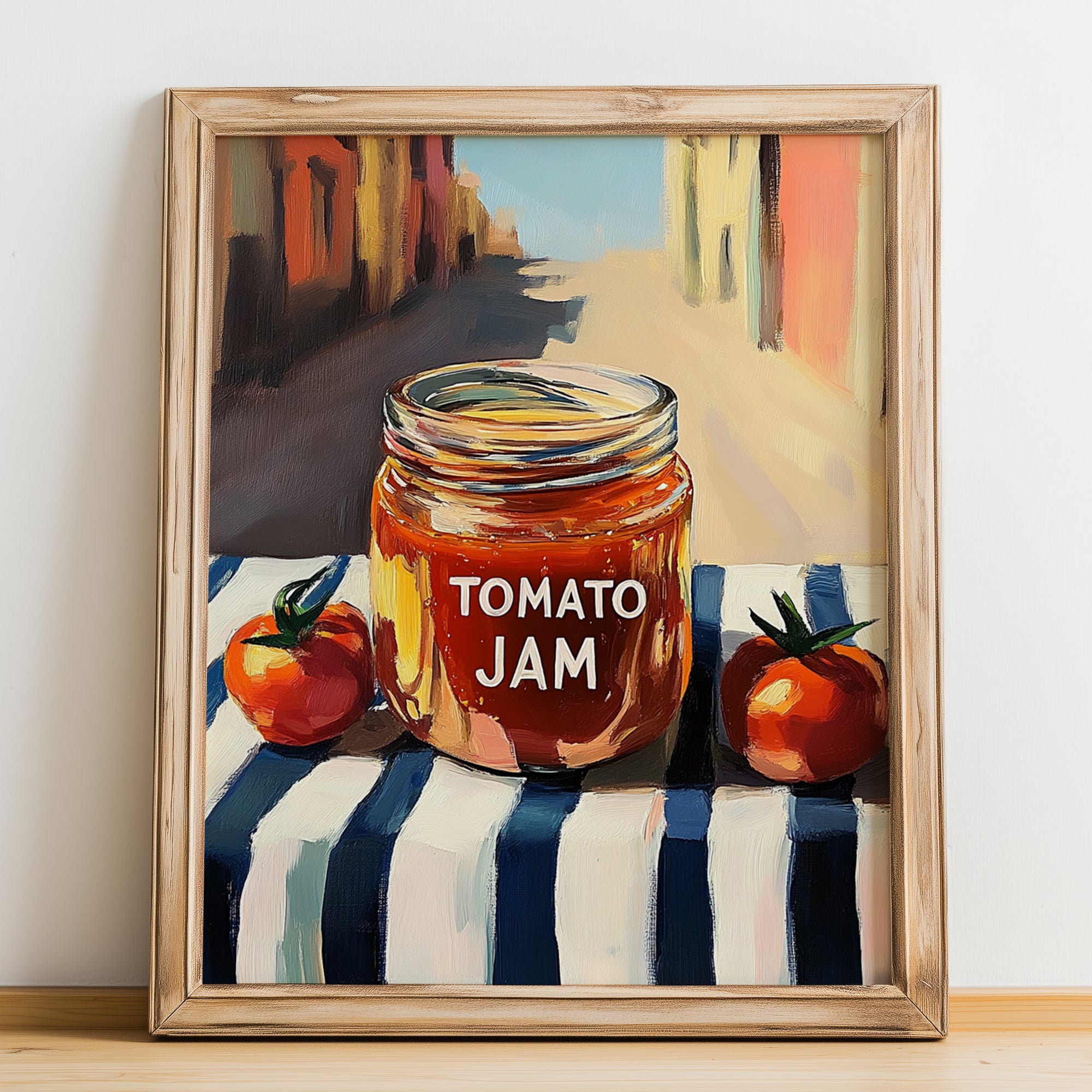 Tomato Jam – Italian Outdoor Café Scene, Jam Wall Decor, no-text version framed in wood