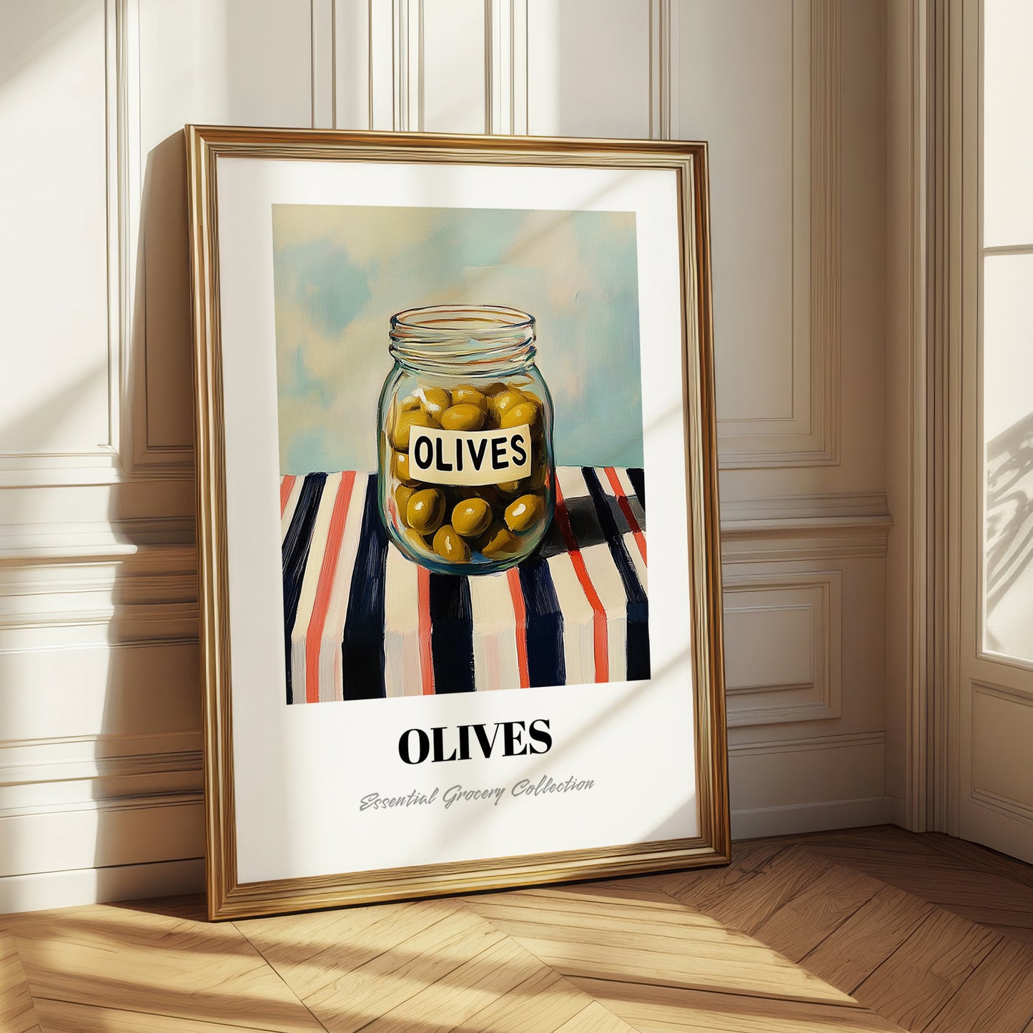 Olives – on Striped Tablecloth, Canned Vegetables Still Life